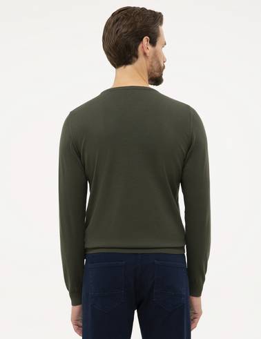 Yeşil Slim Fit Bisiklet Yaka Basic Triko Kazak