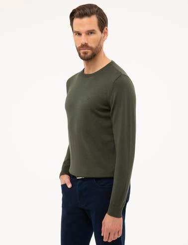 Yeşil Slim Fit Bisiklet Yaka Basic Triko Kazak