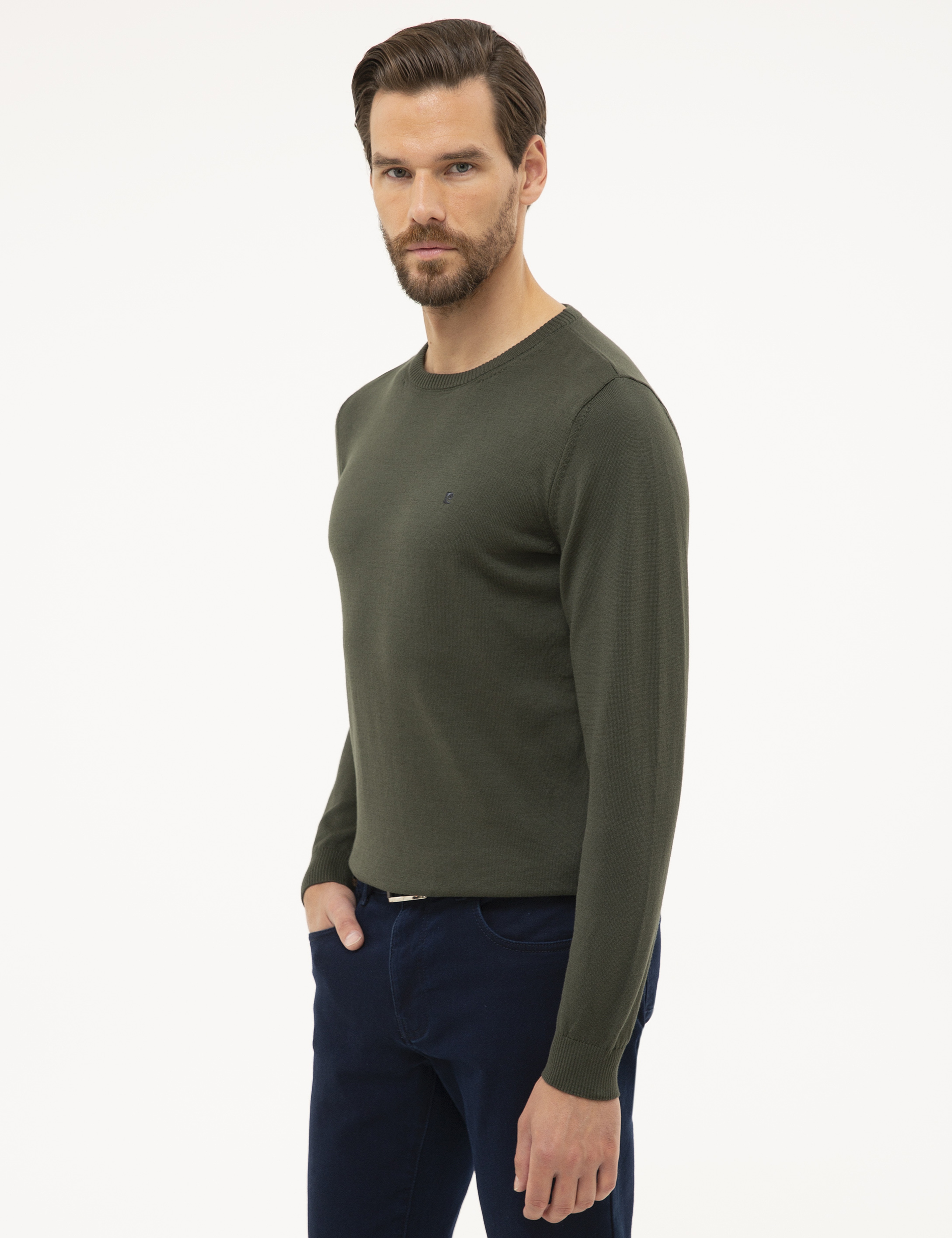 Yeşil Slim Fit Bisiklet Yaka Basic Triko Kazak