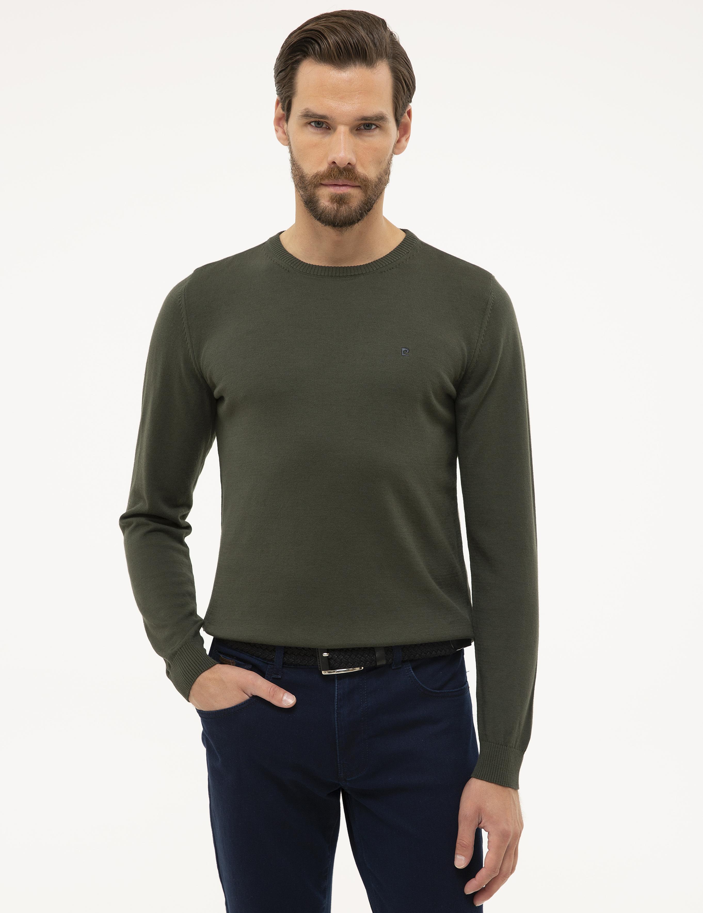 Yeşil Slim Fit Bisiklet Yaka Basic Triko Kazak