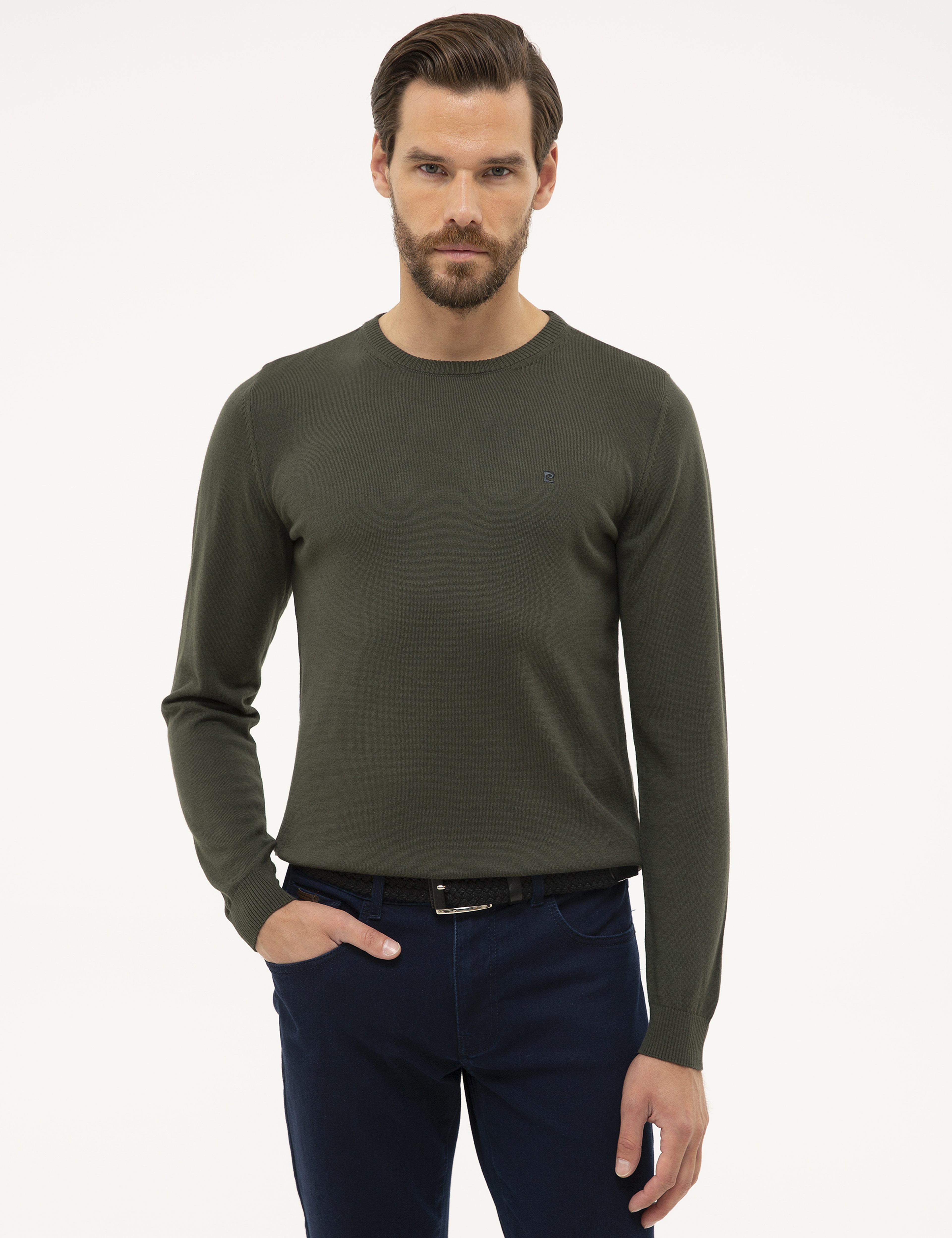 Yeşil Slim Fit Bisiklet Yaka Basic Triko Kazak - Image 1
