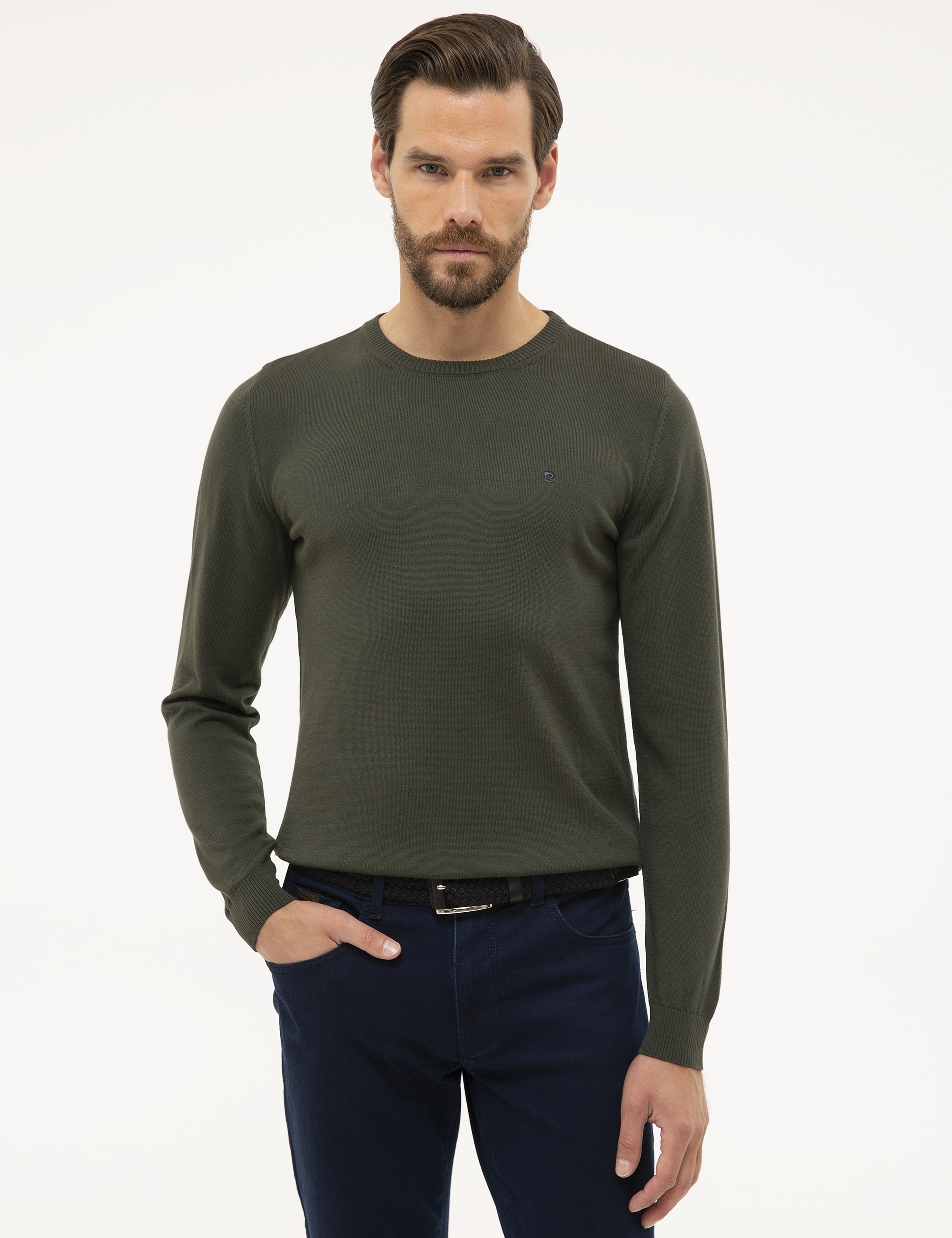 Yeşil Slim Fit Bisiklet Yaka Basic Triko Kazak