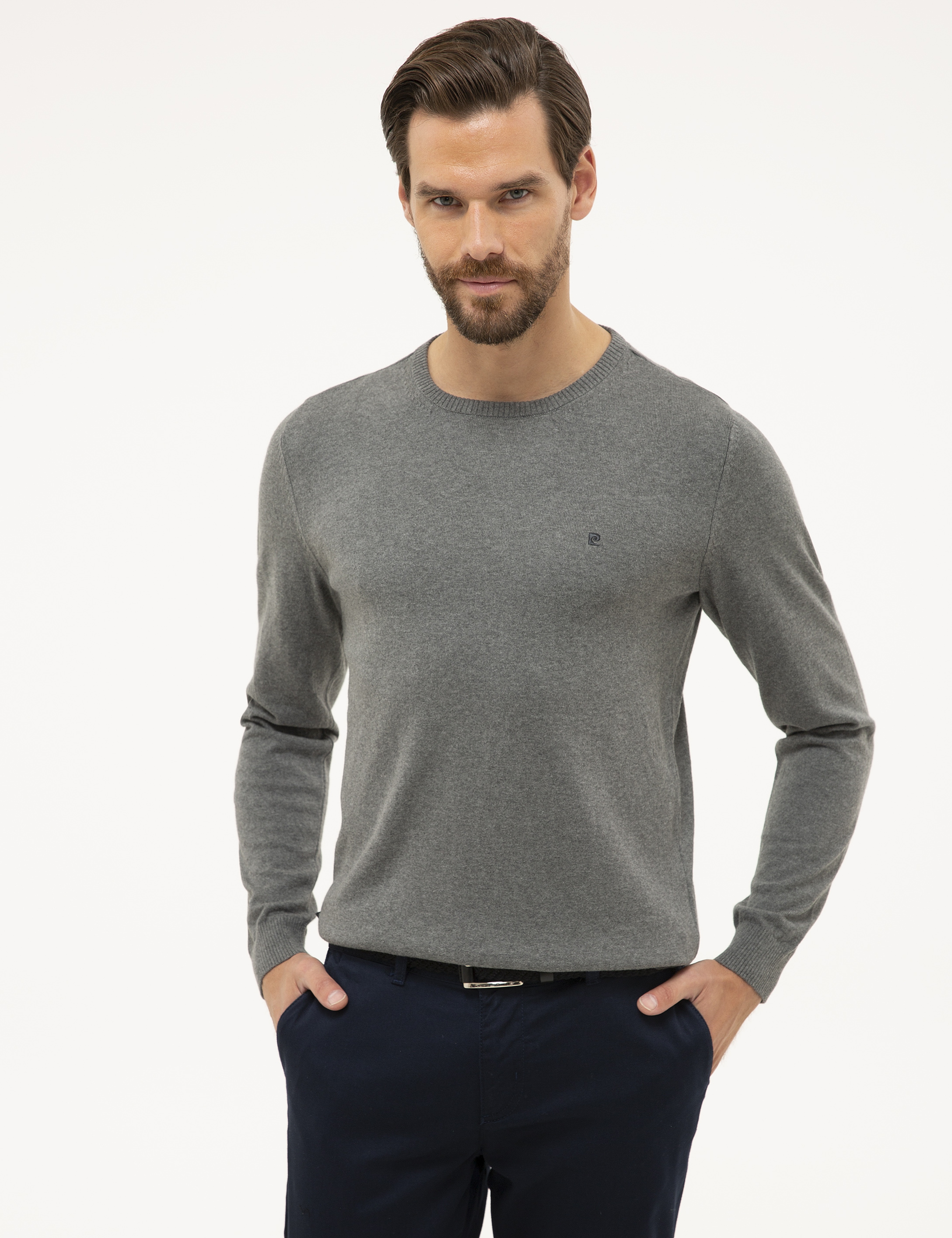 Gri Melanj Slim Fit Bisiklet Yaka Basic Triko Kazak