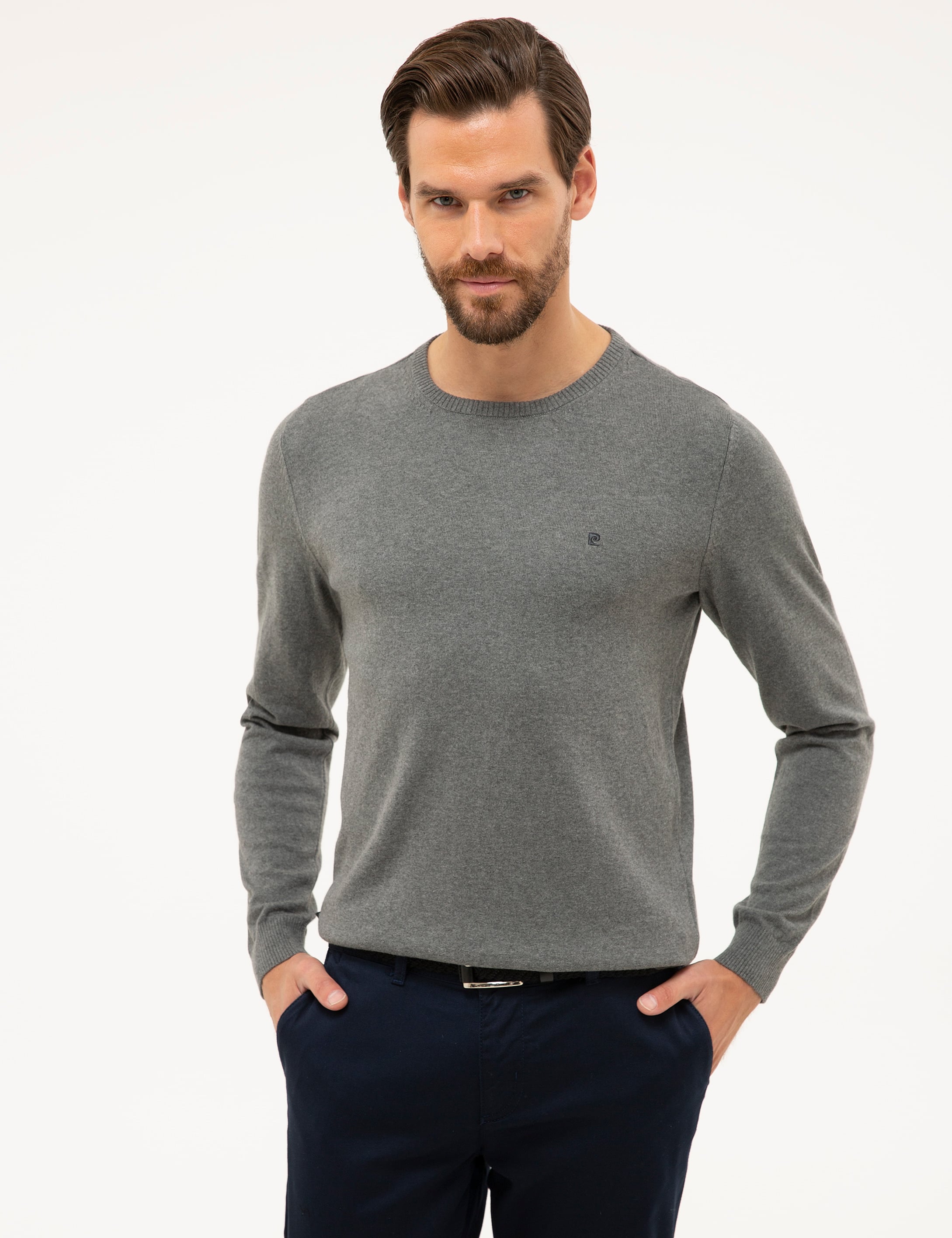 Gri Melanj Slim Fit Bisiklet Yaka Basic Triko Kazak