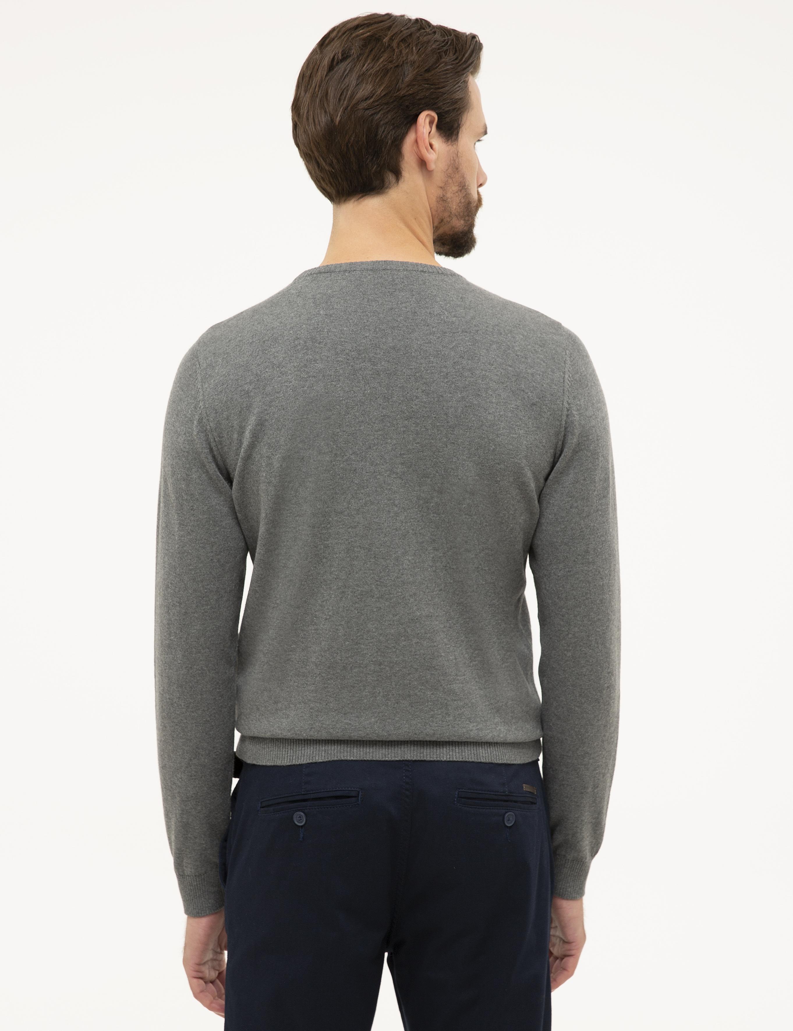 Gri Melanj Slim Fit Bisiklet Yaka Basic Triko Kazak