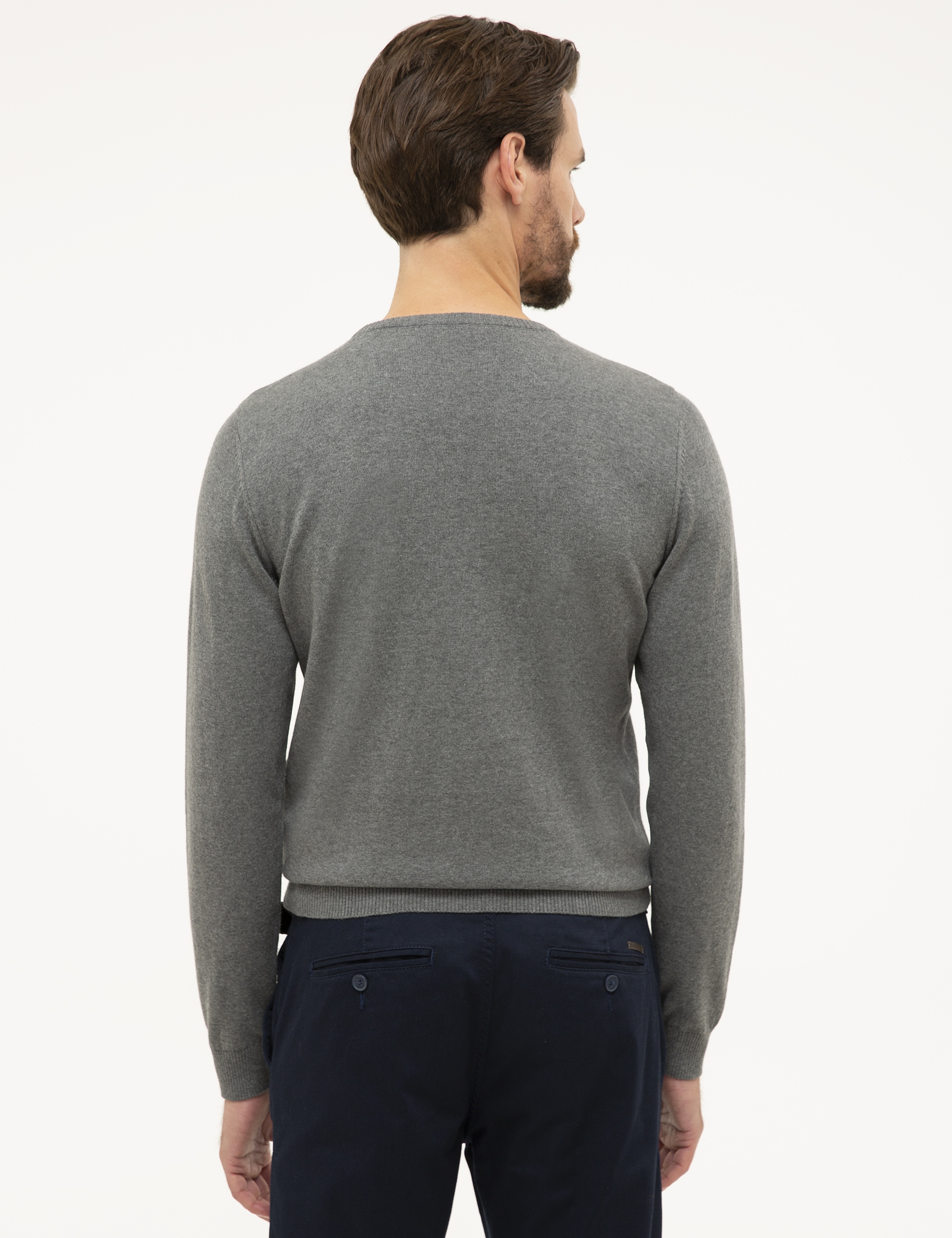 Gri Melanj Slim Fit Bisiklet Yaka Basic Triko Kazak - Image 4