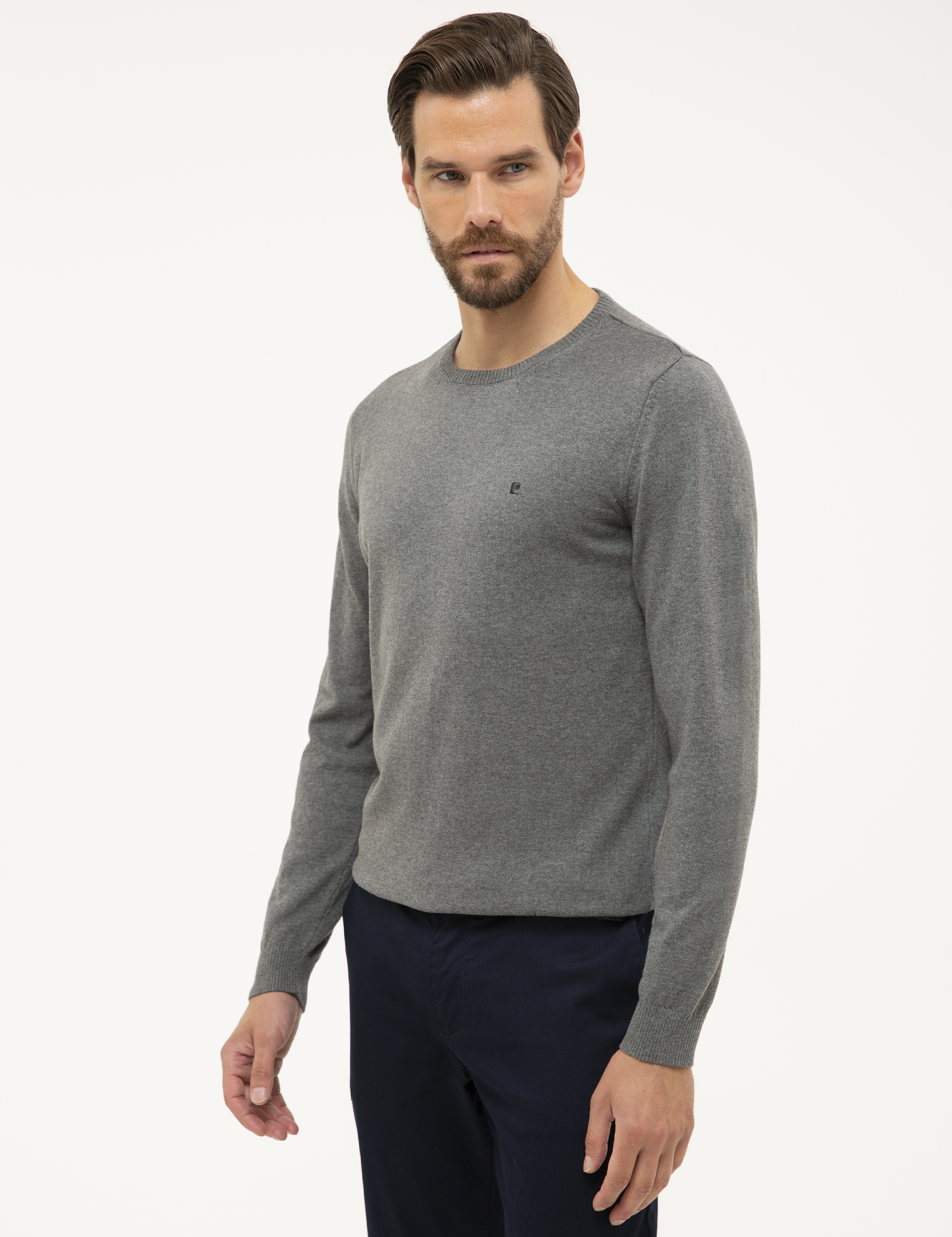 Gri Melanj Slim Fit Bisiklet Yaka Basic Triko Kazak - Image 3