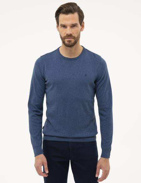 İndigo Mavi Melanj Slim Fit Bisiklet Yaka Basic Triko Kazak - 50230805059