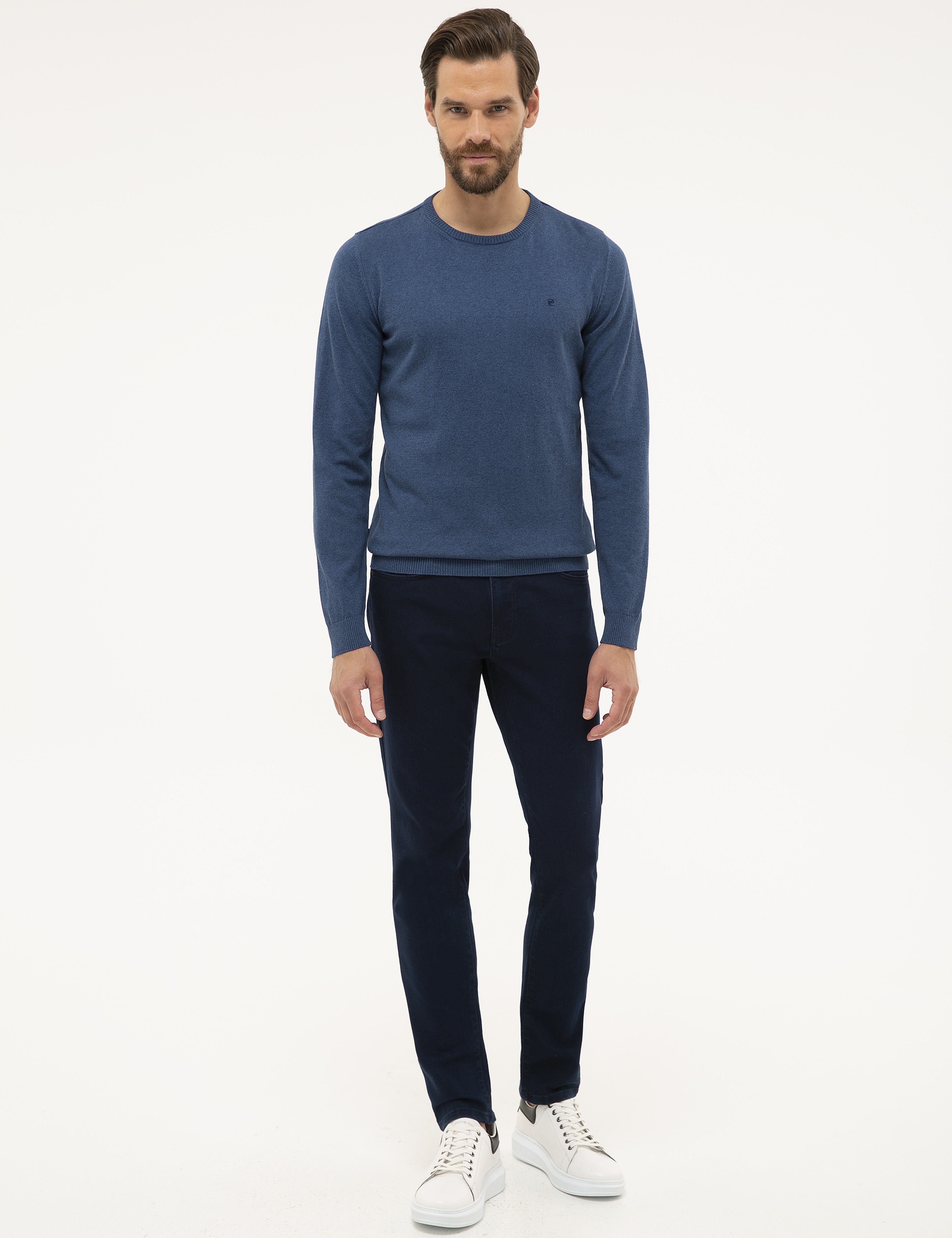 İndigo Melanj Slim Fit Bisiklet Yaka Basic Triko Kazak - Image 5