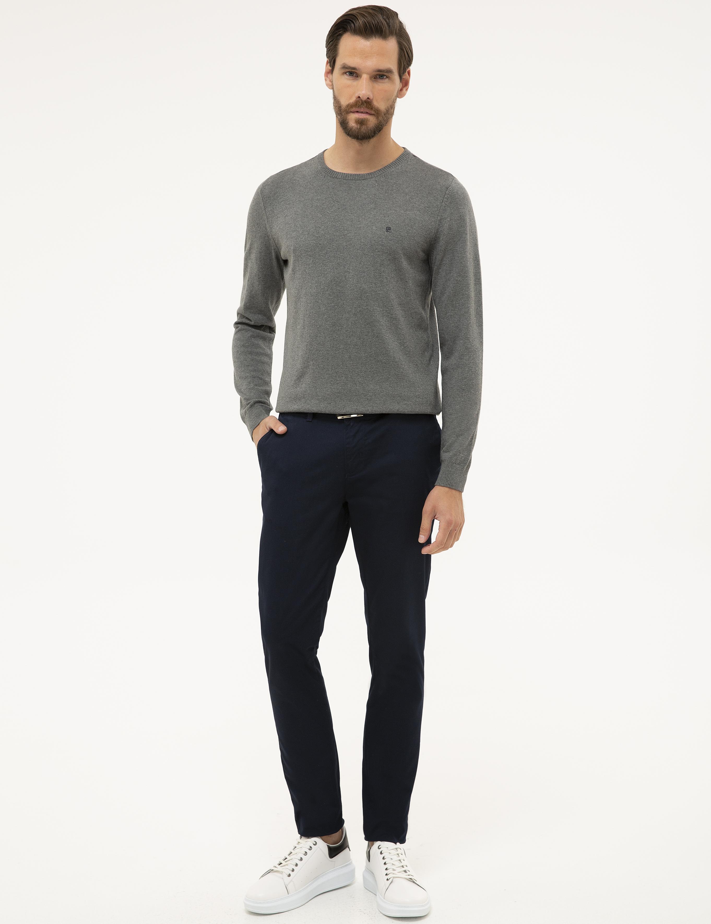 Gri Melanj Slim Fit Bisiklet Yaka Basic Triko Kazak