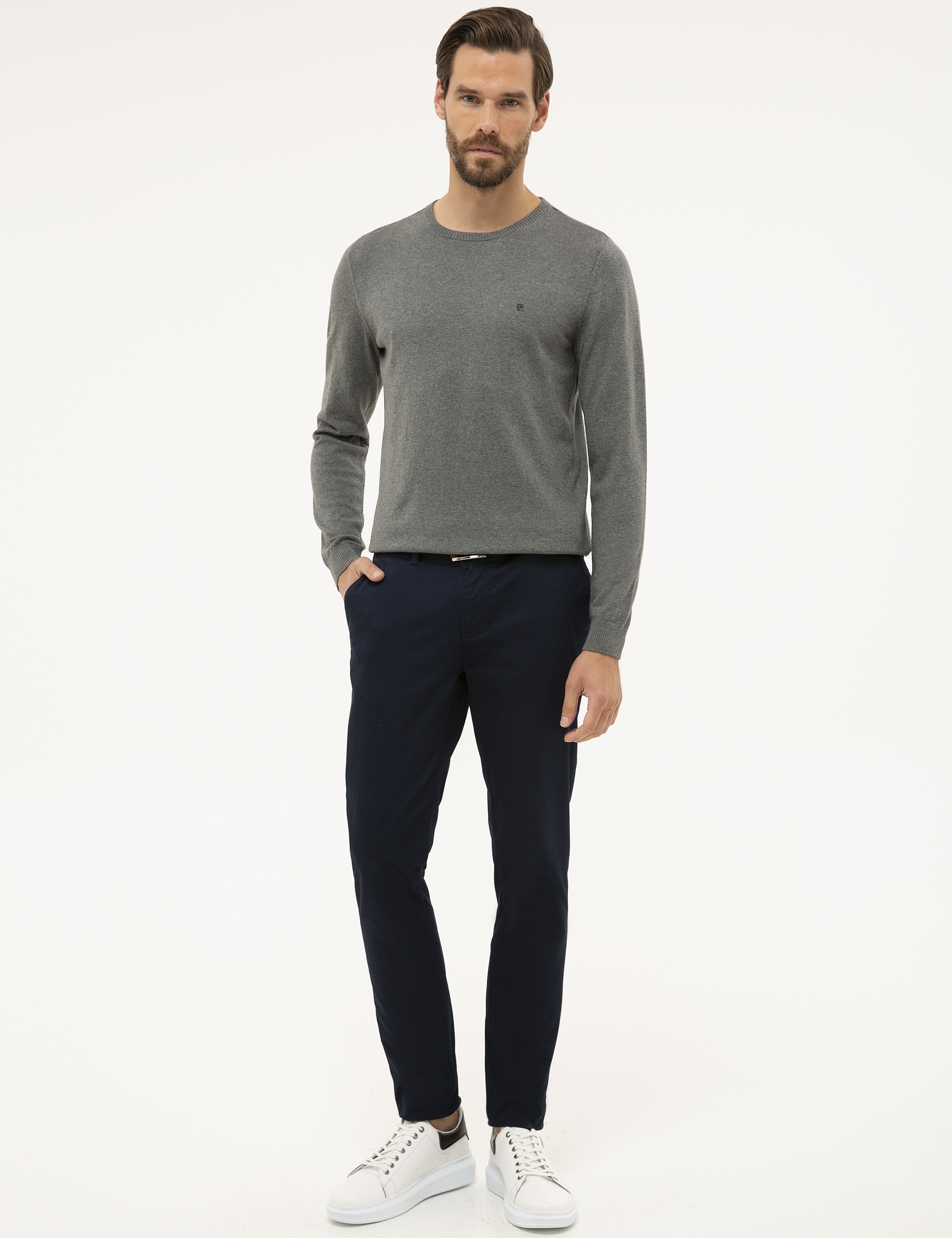 Gri Melanj Slim Fit Bisiklet Yaka Basic Triko Kazak - Image 5