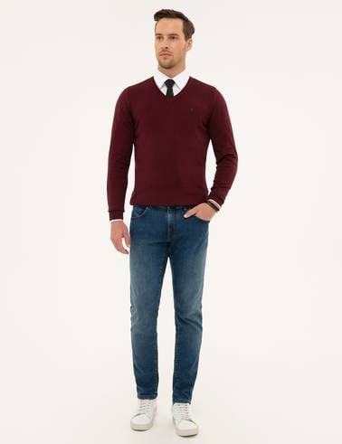 Bordo Slim Fit V Yaka Basic Triko Kazak