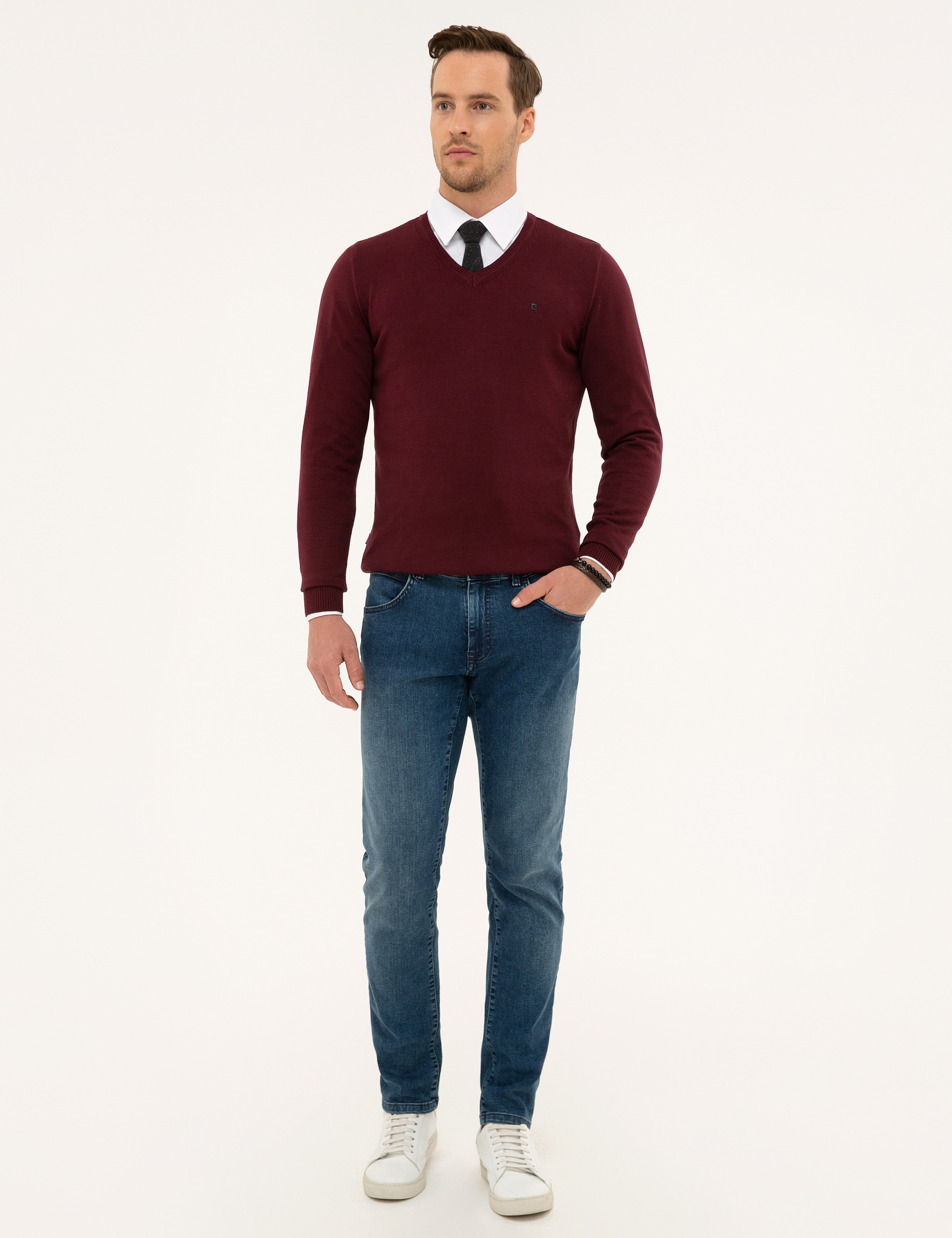 Bordo Slim Fit V Yaka Basic Triko Kazak - Image 5