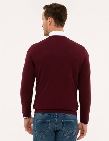 Bordo Slim Fit V Yaka Basic Triko Kazak