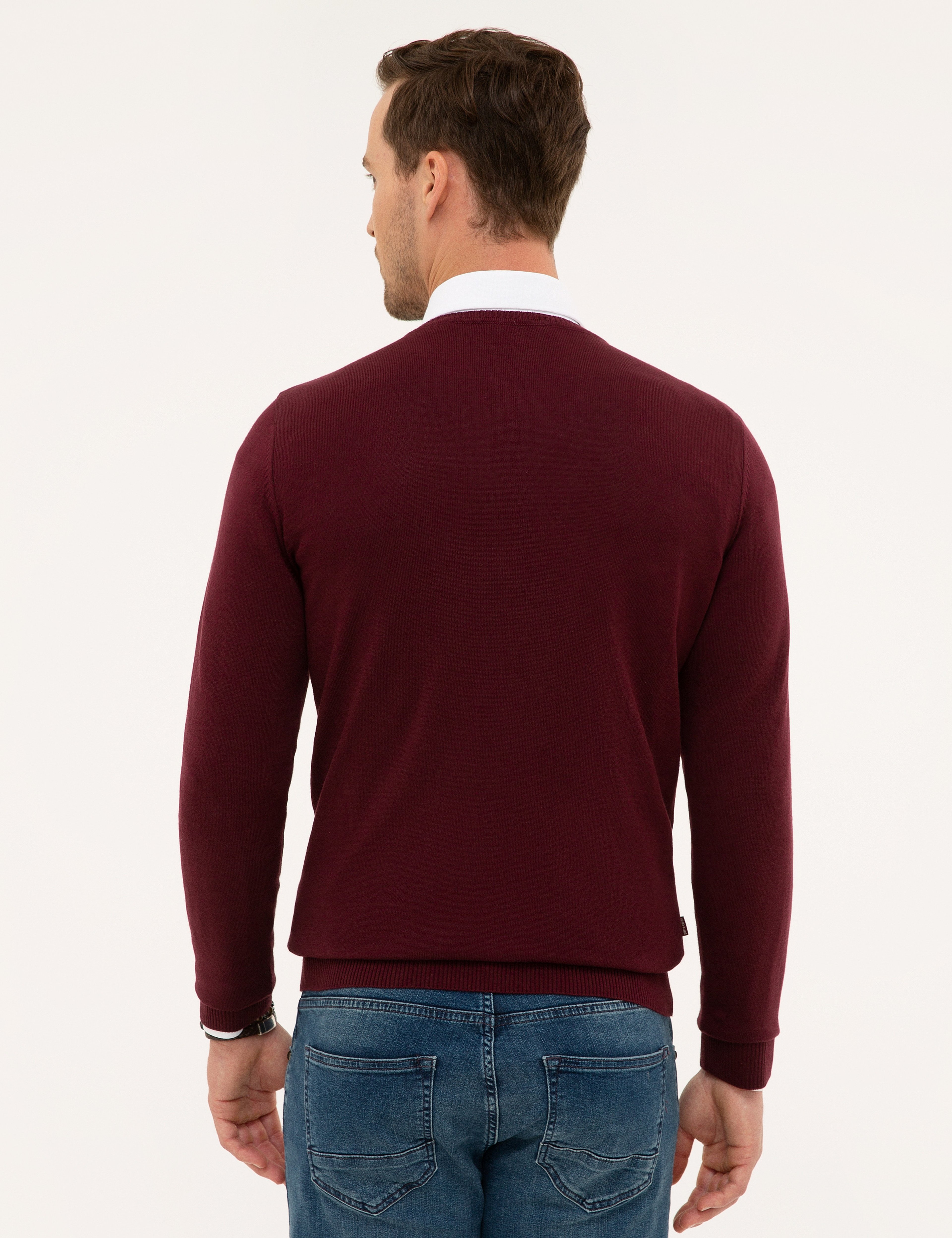 Bordo Slim Fit V Yaka Basic Triko Kazak - Image 4