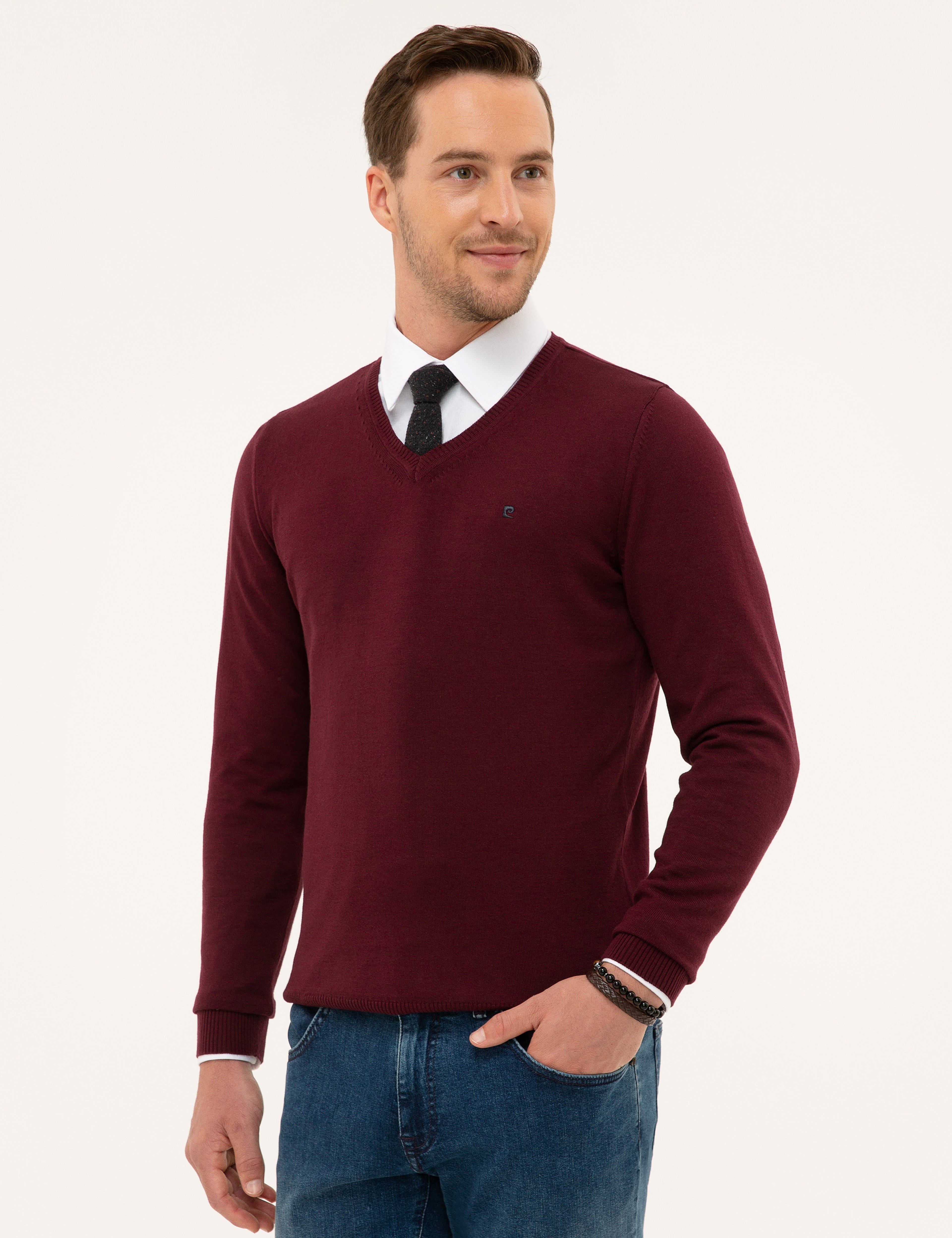 Bordo Slim Fit V Yaka Basic Triko Kazak