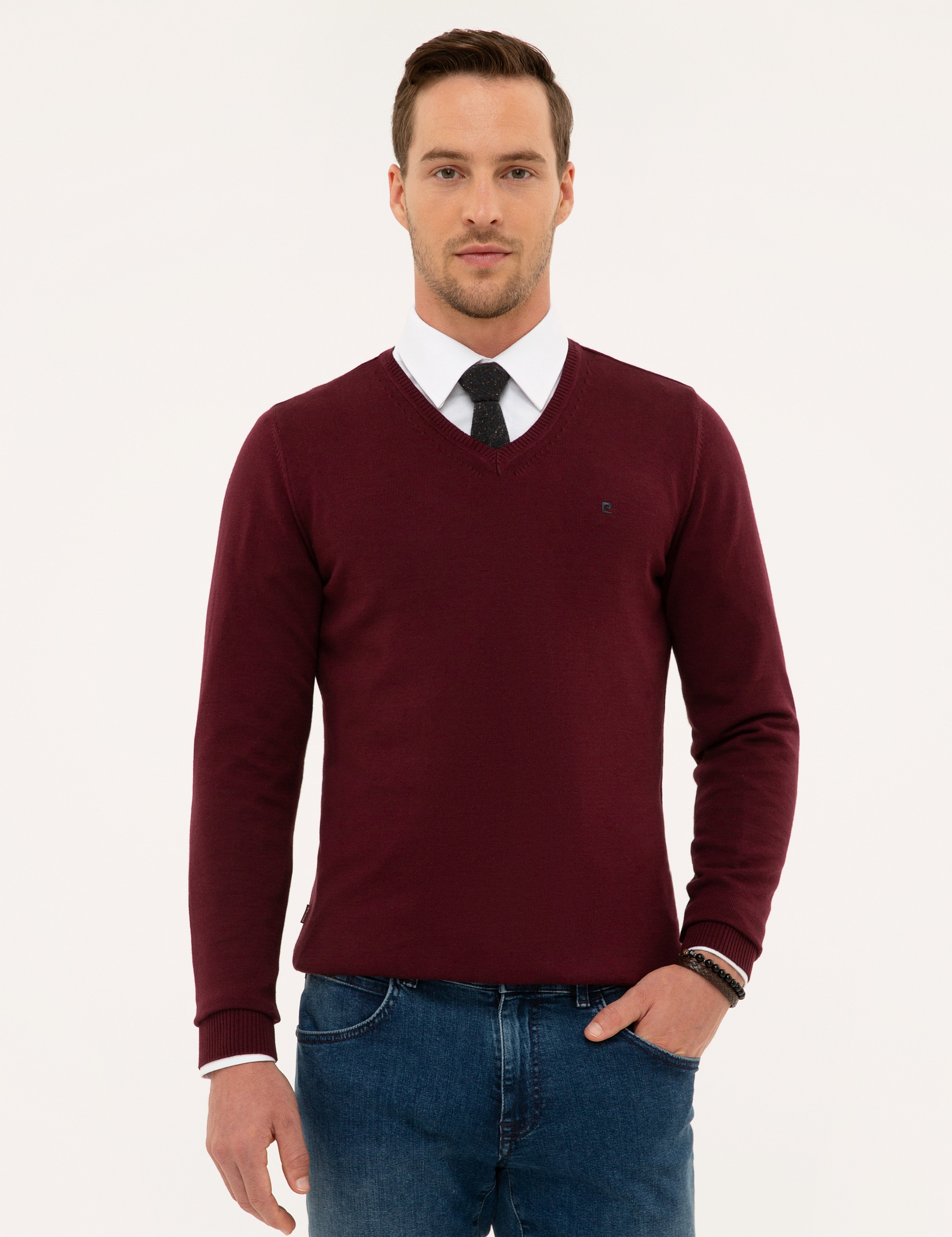 Bordo Slim Fit V Yaka Basic Triko Kazak - Image 1