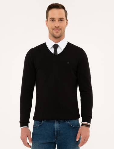 Siyah Slim Fit V Yaka Basic Triko Kazak