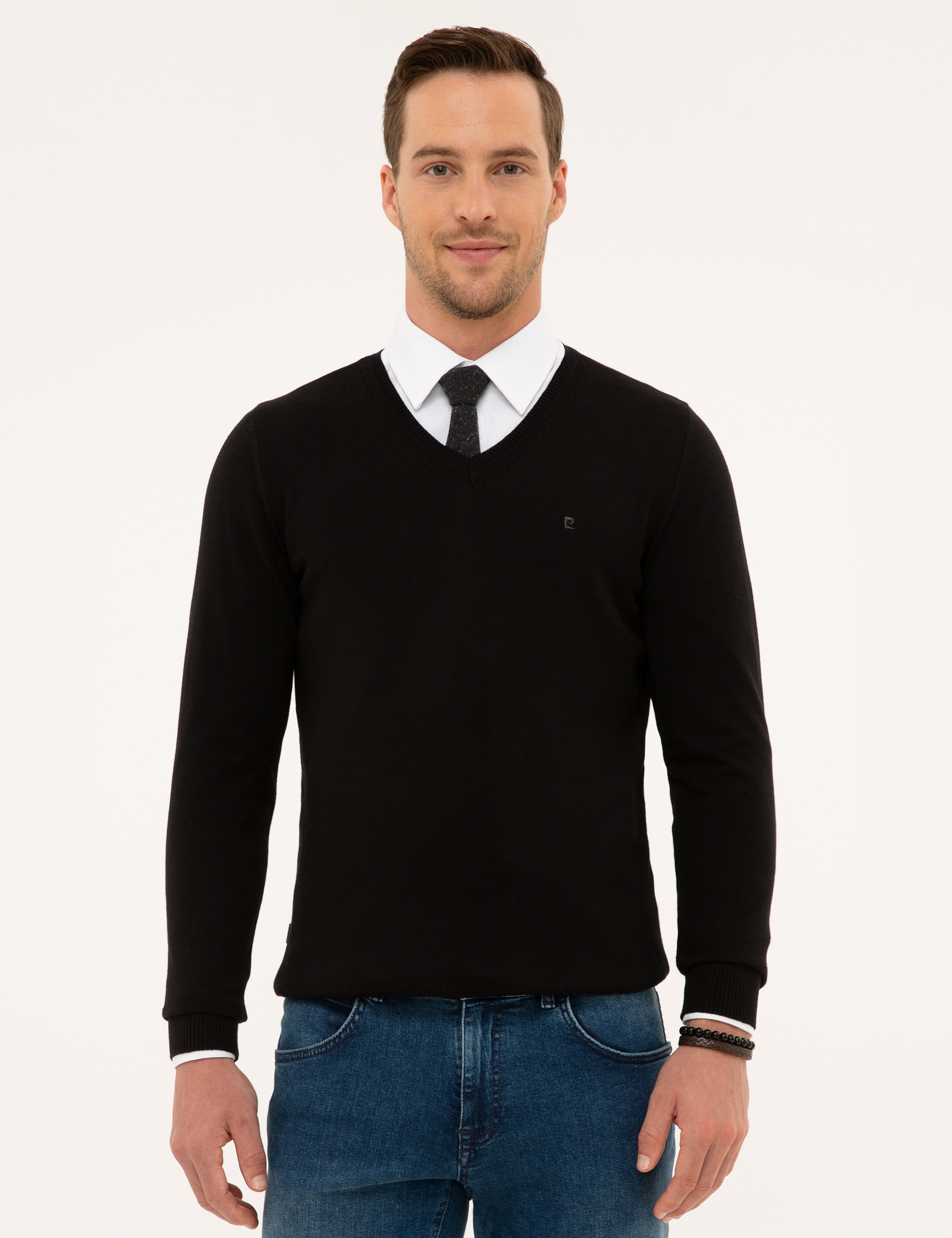 Siyah Slim Fit V Yaka Basic Triko Kazak - Image 1