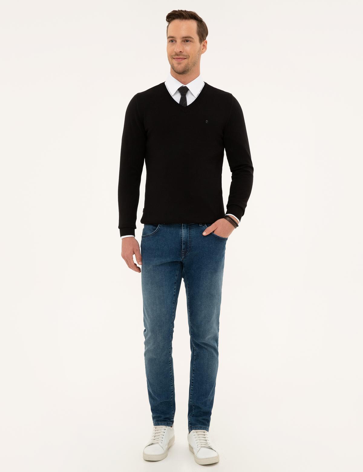 Siyah Slim Fit V Yaka Basic Triko Kazak - 50230806016