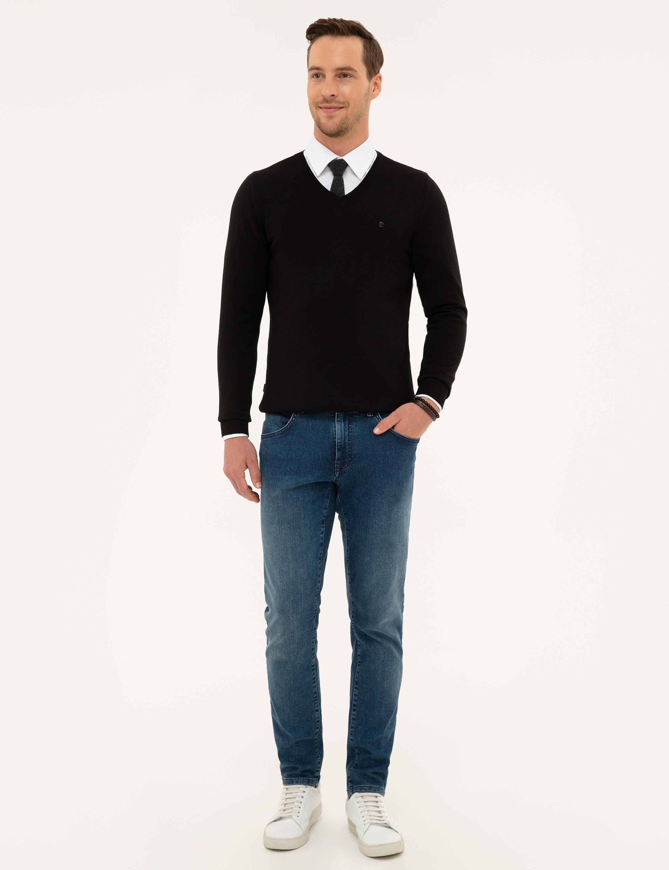 Siyah Slim Fit V Yaka Basic Triko Kazak