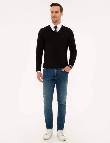 Siyah Slim Fit V Yaka Basic Triko Kazak