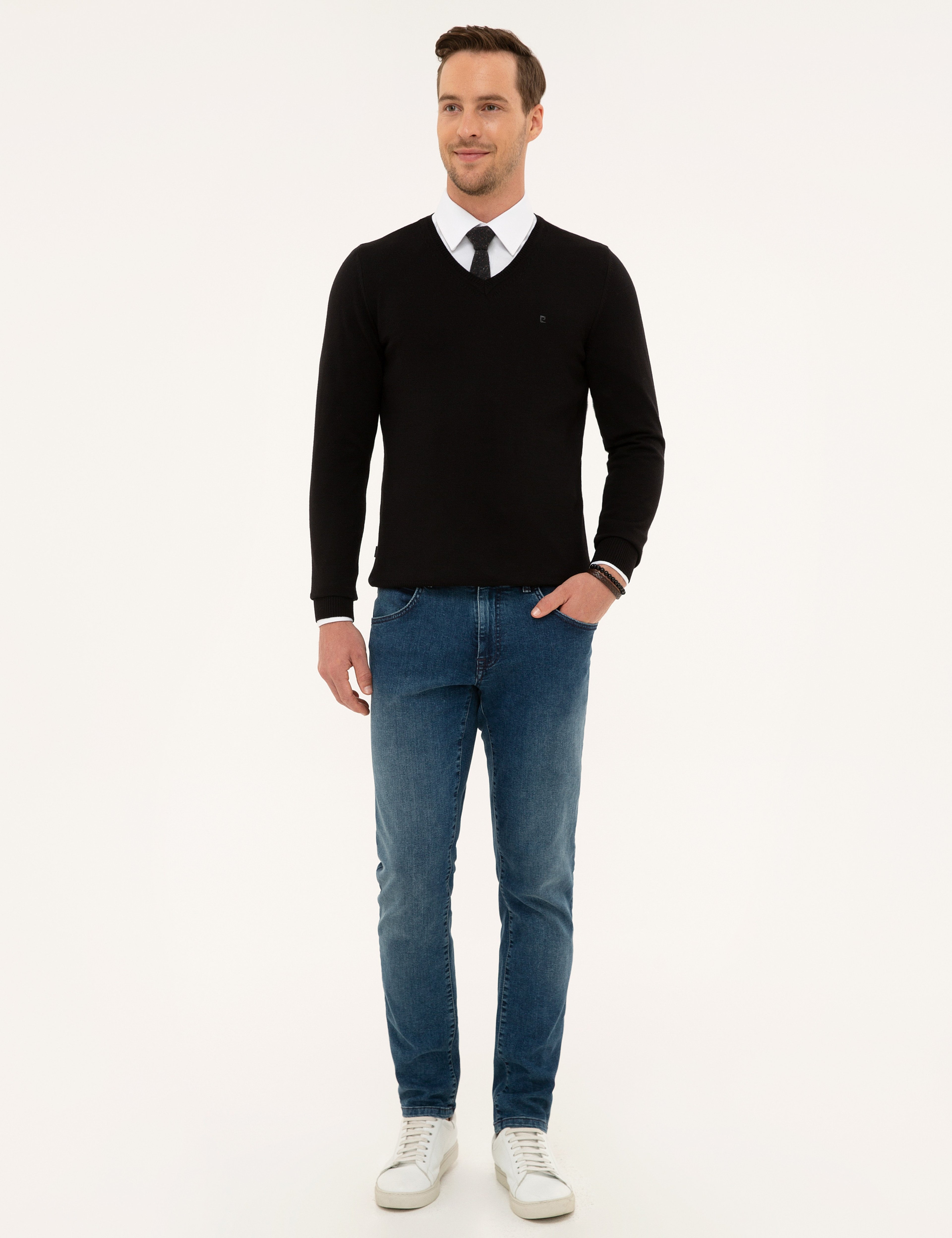 Siyah Slim Fit V Yaka Basic Triko Kazak - Image 5