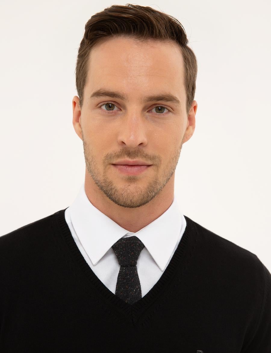 Siyah Slim Fit V Yaka Basic Triko Kazak