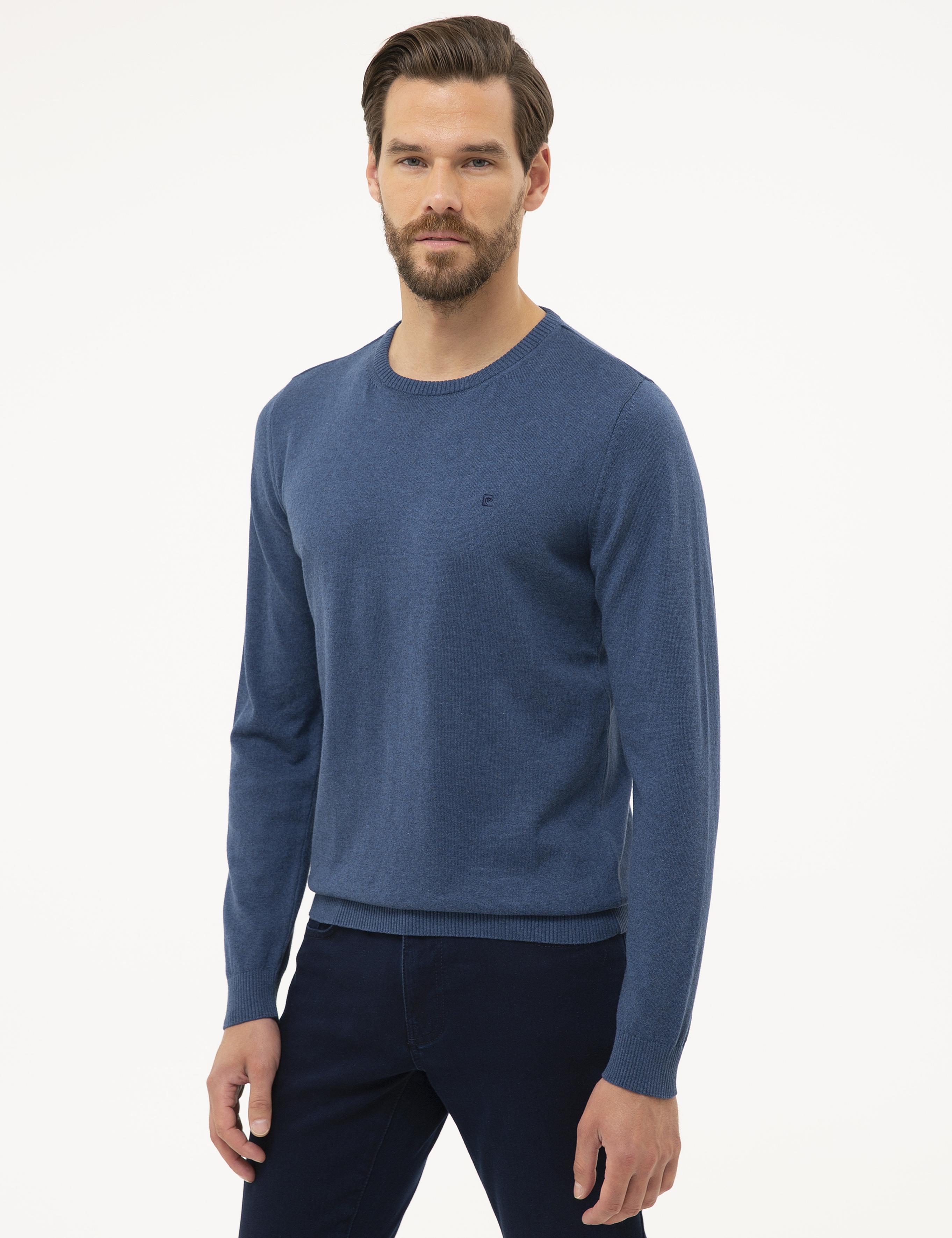 İndigo Mavi Melanj Slim Fit Bisiklet Yaka Basic Triko Kazak