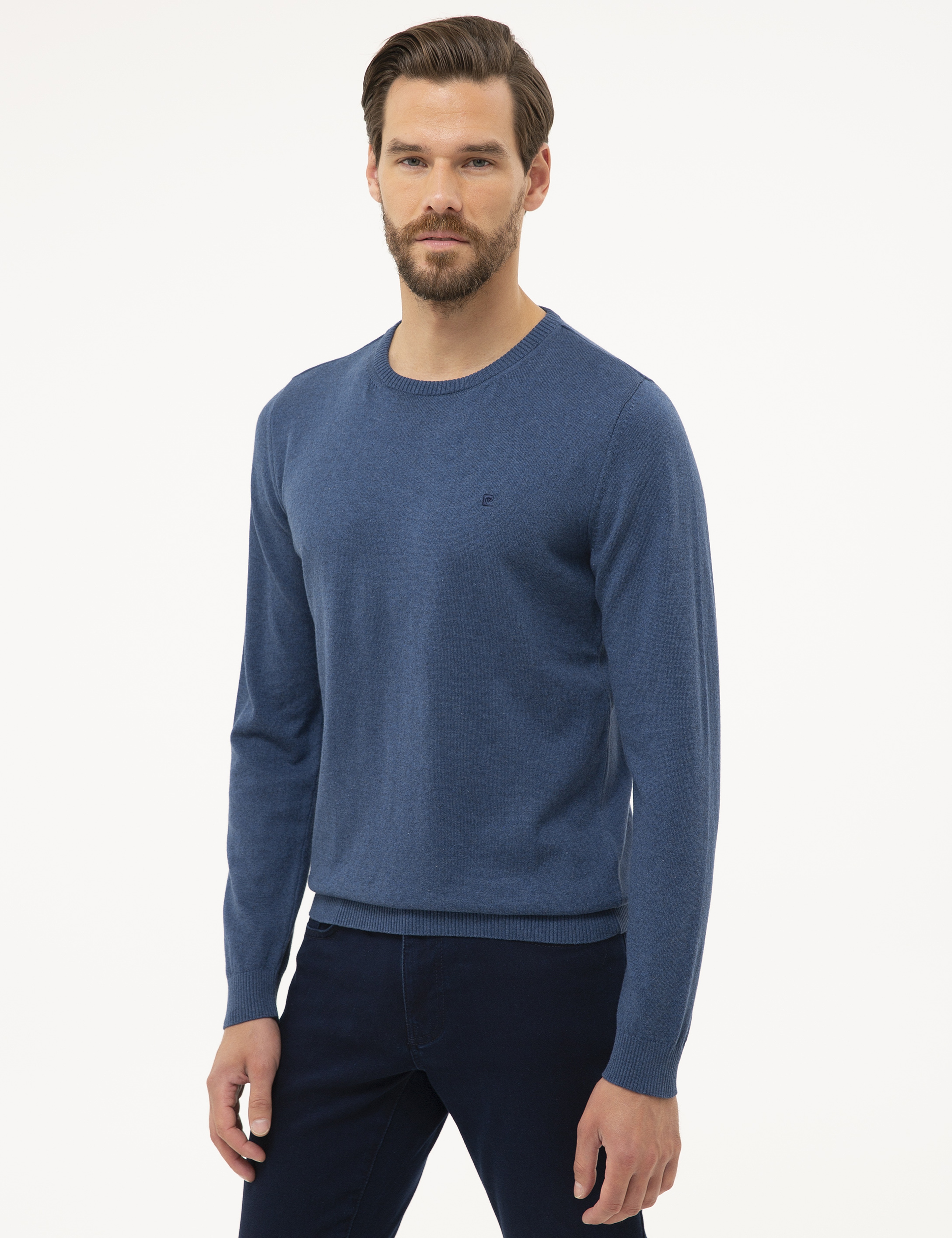 İndigo Melanj Slim Fit Bisiklet Yaka Basic Triko Kazak