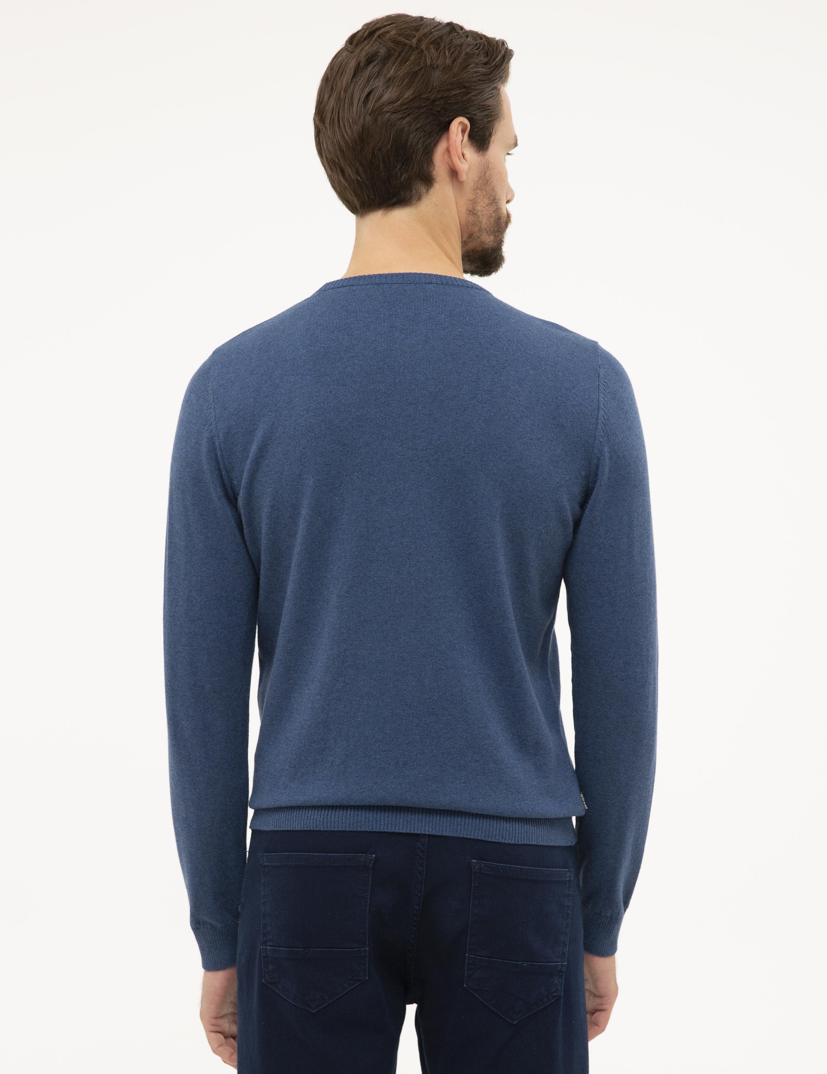 İndigo Mavi Melanj Slim Fit Bisiklet Yaka Basic Triko Kazak