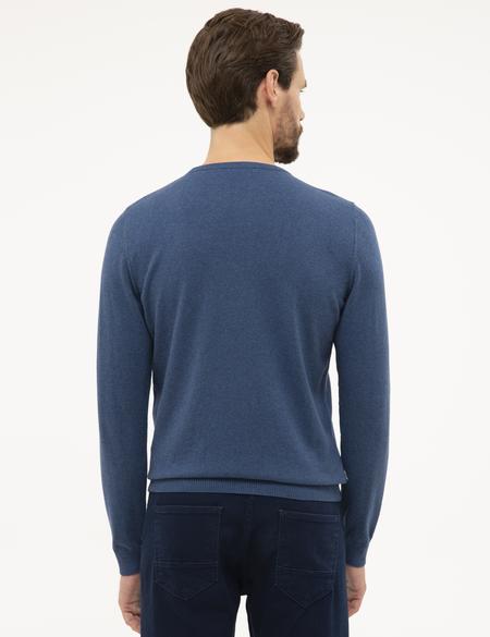 İndigo Mavi Melanj Slim Fit Bisiklet Yaka Basic Triko Kazak - 50230805059