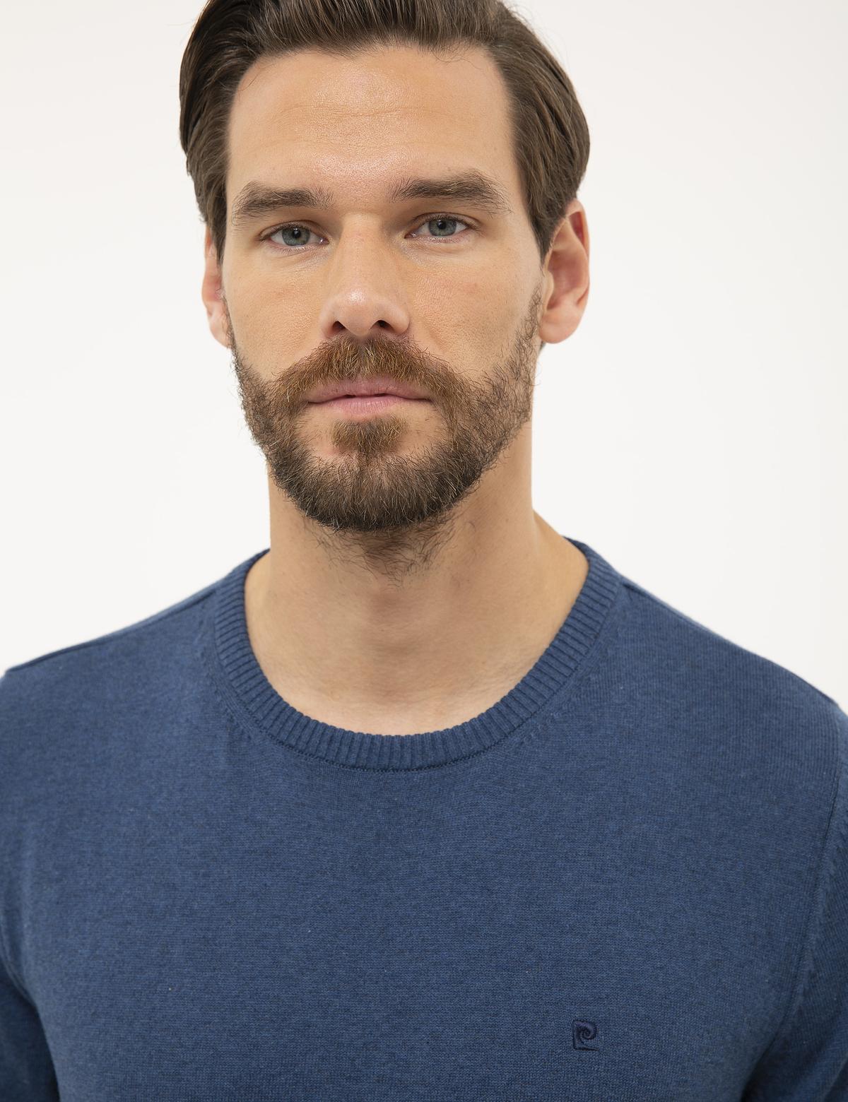 İndigo Mavi Melanj Slim Fit Bisiklet Yaka Basic Triko Kazak - 50230805059