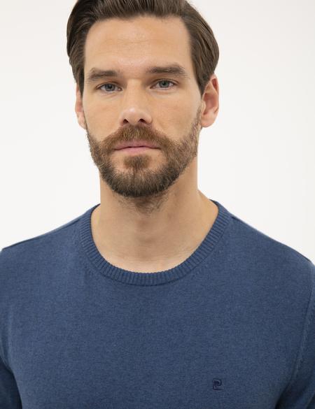 İndigo Mavi Melanj Slim Fit Bisiklet Yaka Basic Triko Kazak - 50230805059