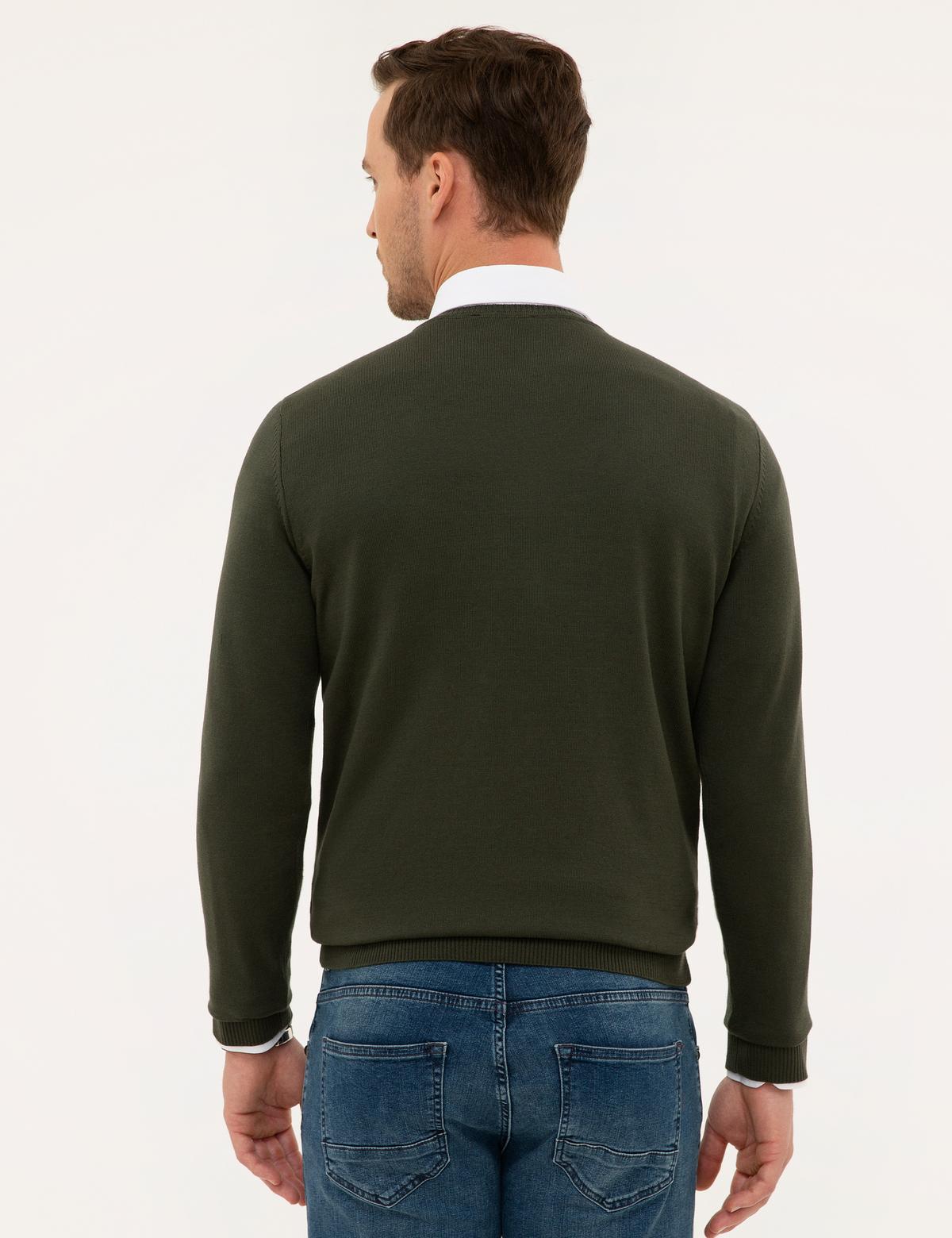 Yeşil Slim Fit V Yaka Basic Triko Kazak - 50230806038