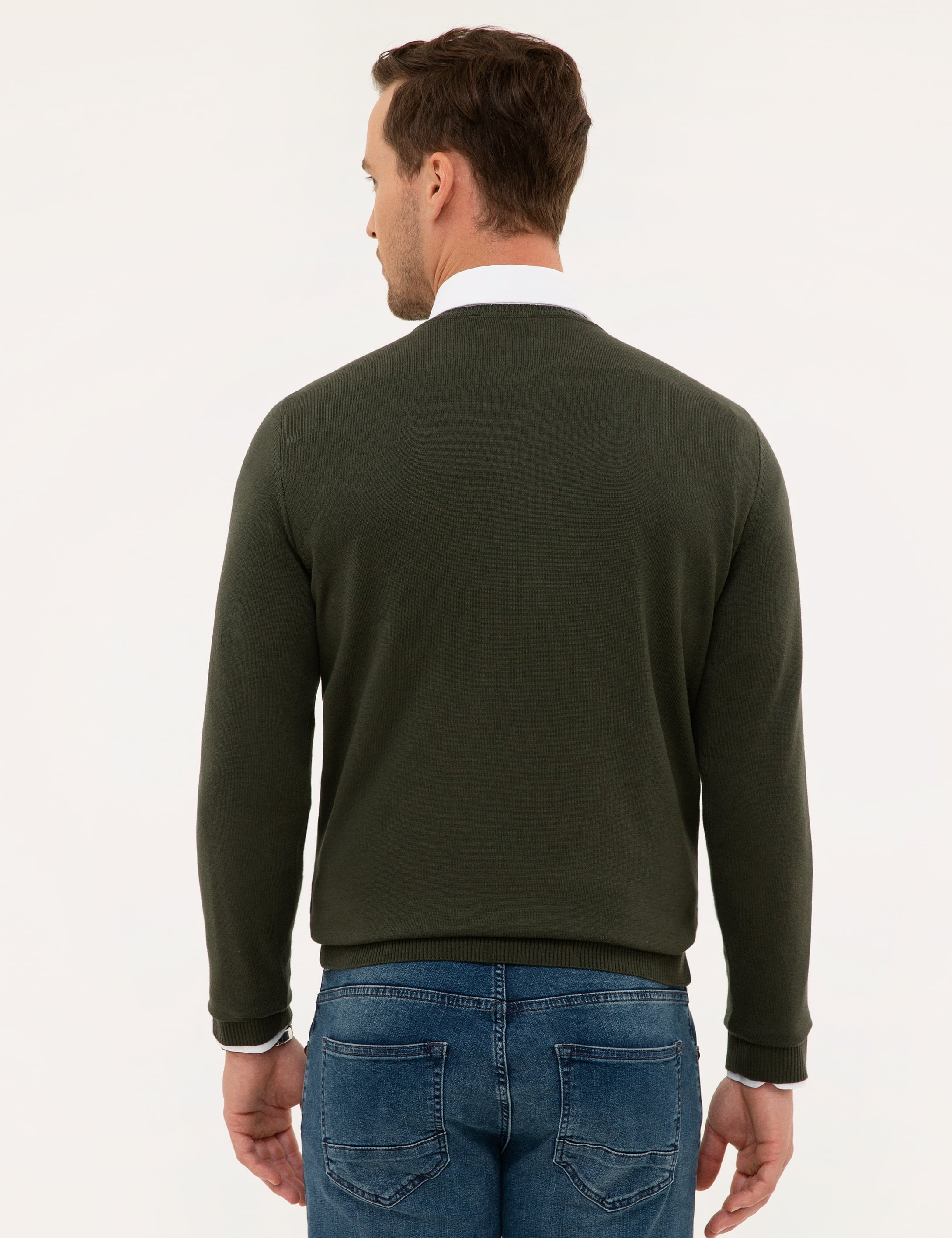 Yeşil Slim Fit V Yaka Basic Triko Kazak
