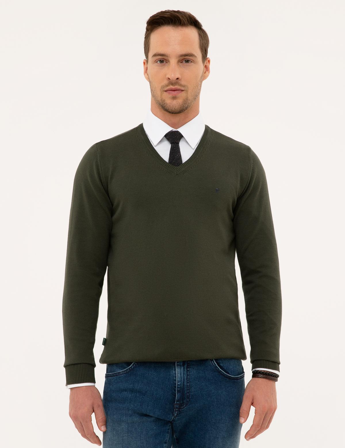 Yeşil Slim Fit V Yaka Basic Triko Kazak