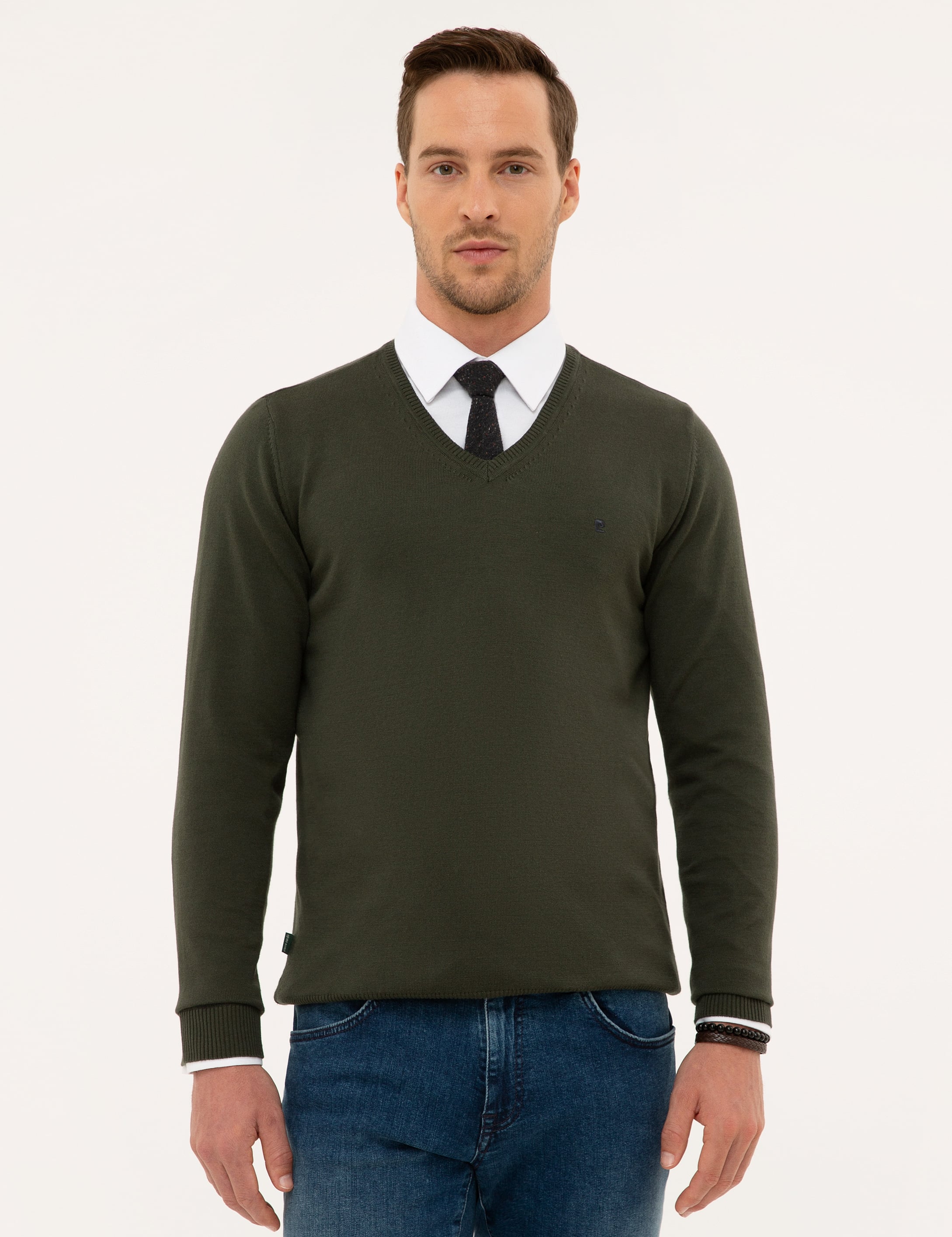 Yeşil Slim Fit V Yaka Basic Triko Kazak