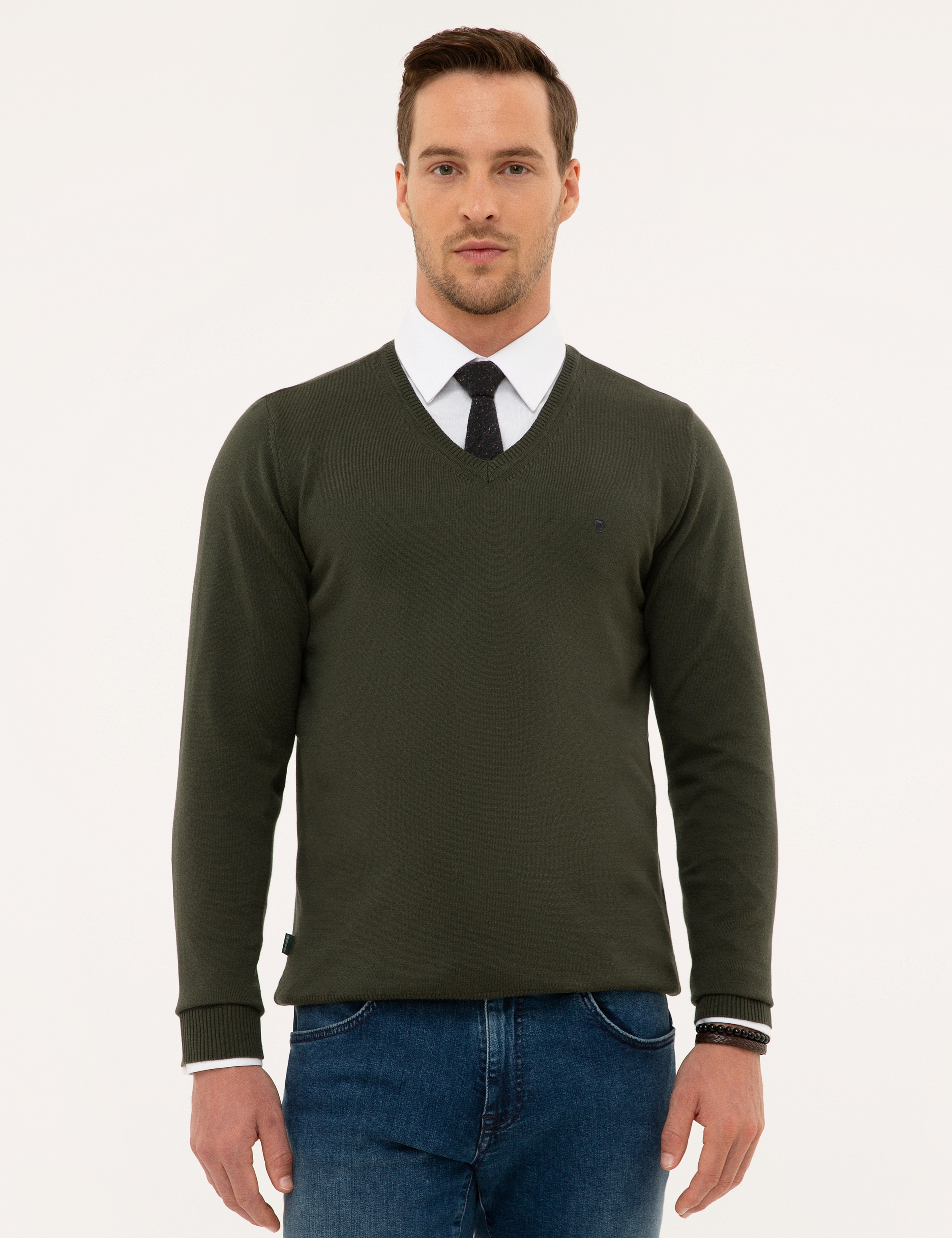Yeşil Slim Fit V Yaka Basic Triko Kazak - Image 1