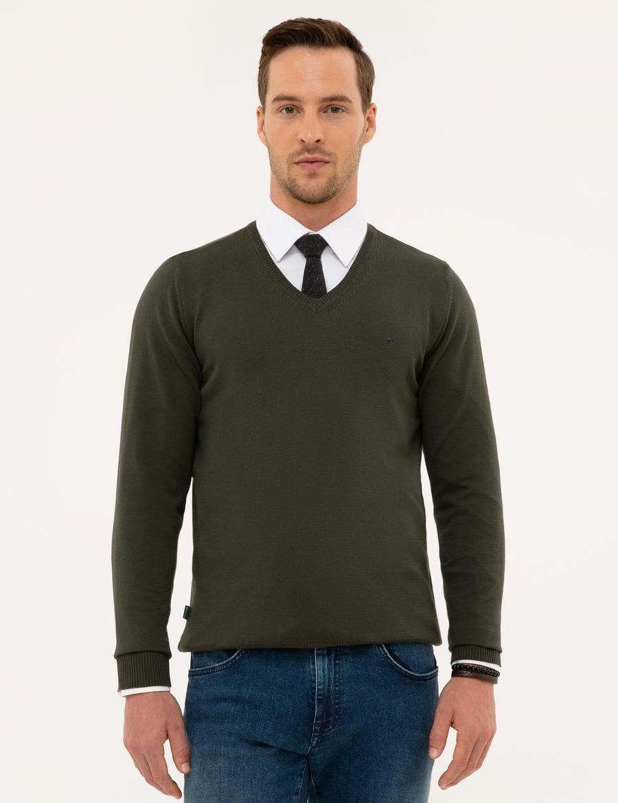 Yeşil Slim Fit V Yaka Basic Triko Kazak