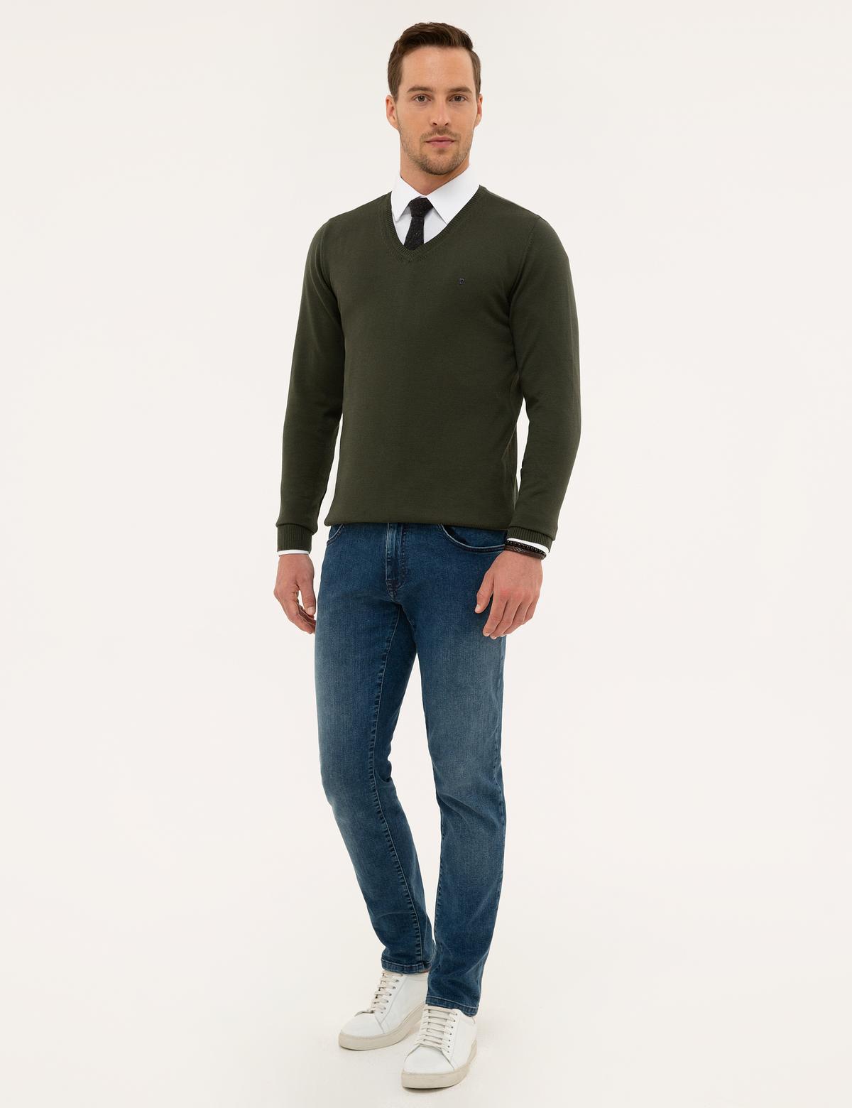 Yeşil Slim Fit V Yaka Basic Triko Kazak - 50230806038