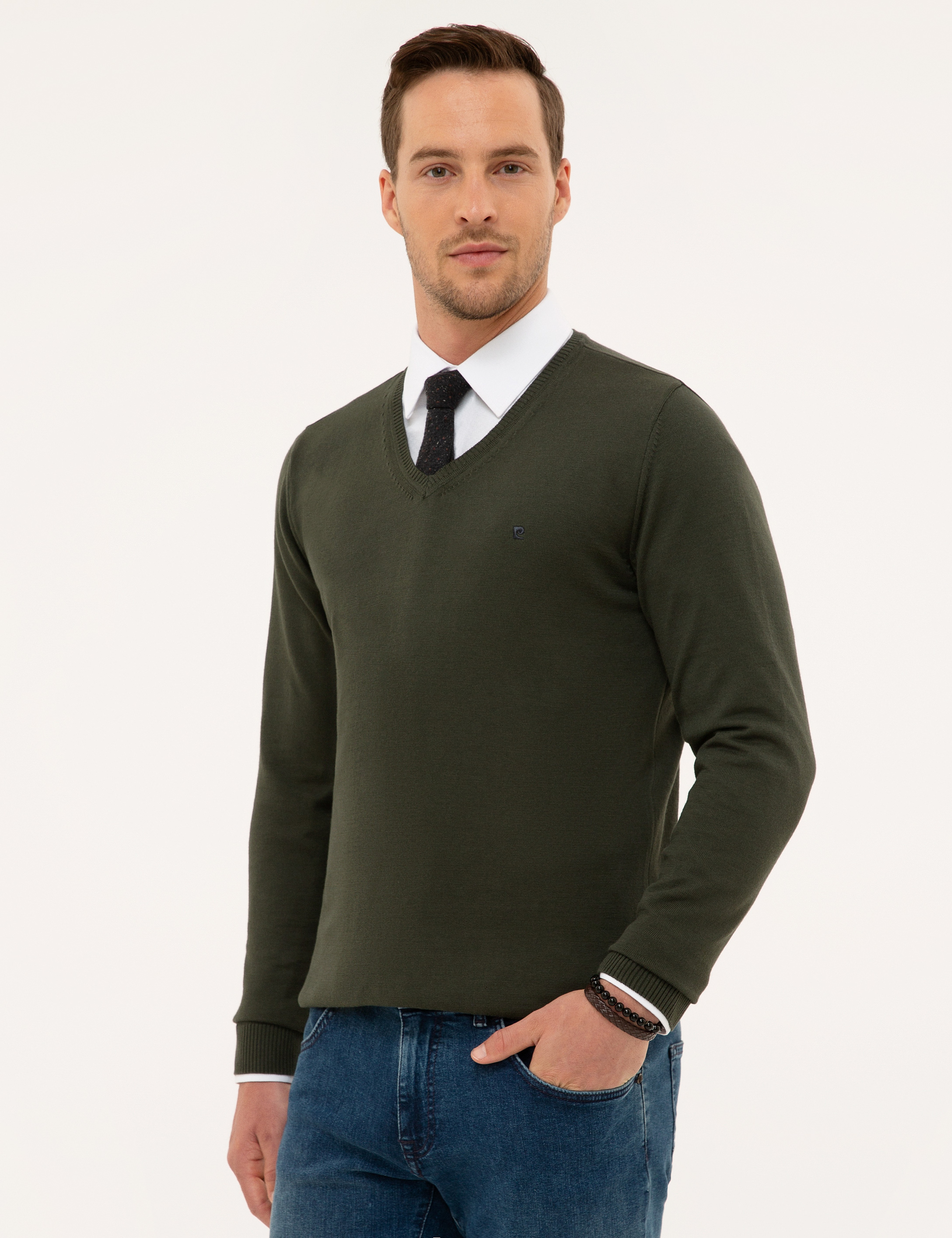 Yeşil Slim Fit V Yaka Basic Triko Kazak - Image 3