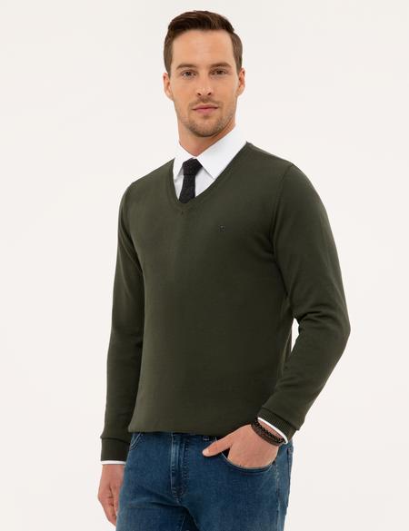 Yeşil Slim Fit V Yaka Basic Triko Kazak - 50230806038