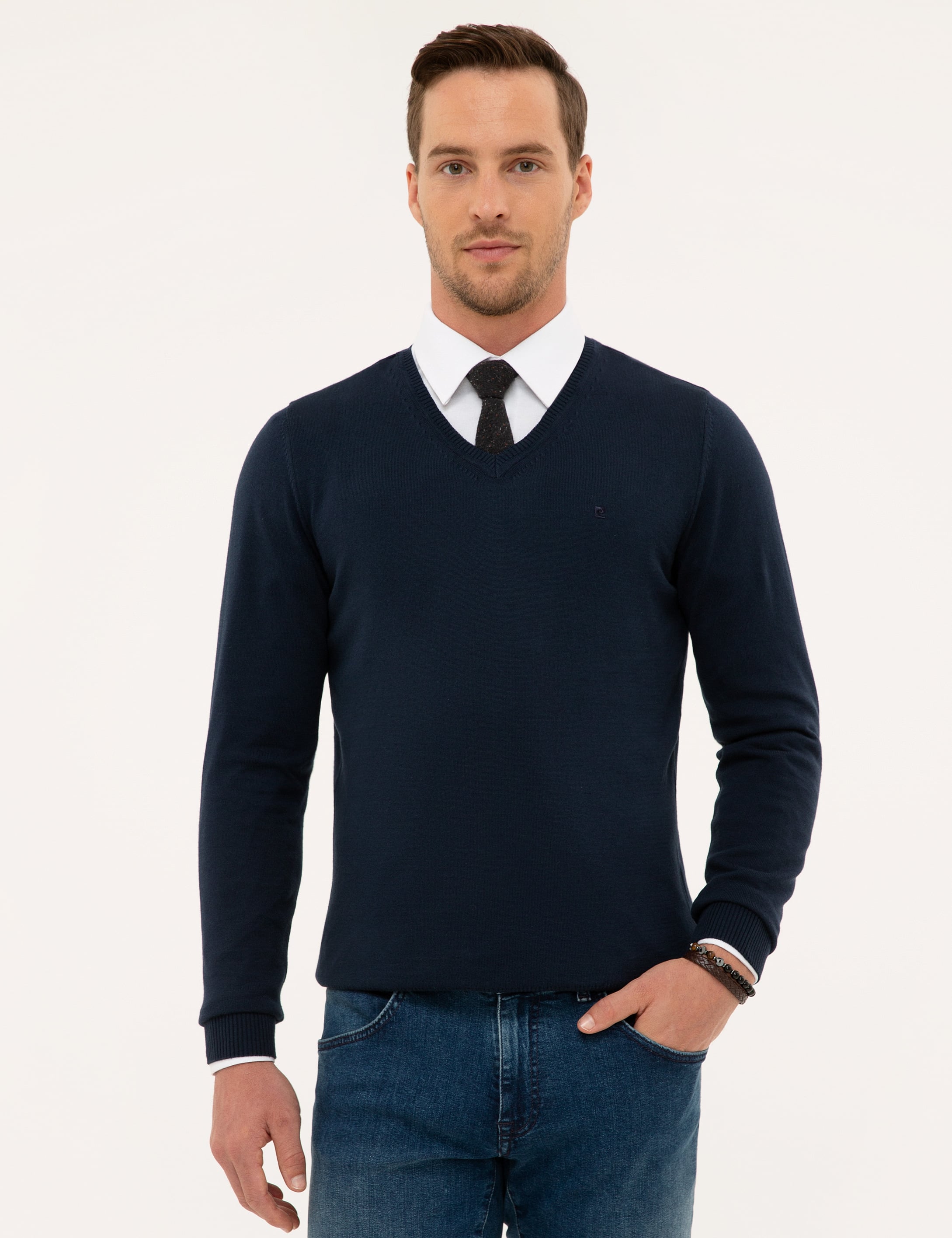 Lacivert Slim Fit V Yaka Basic Triko Kazak - Image 1