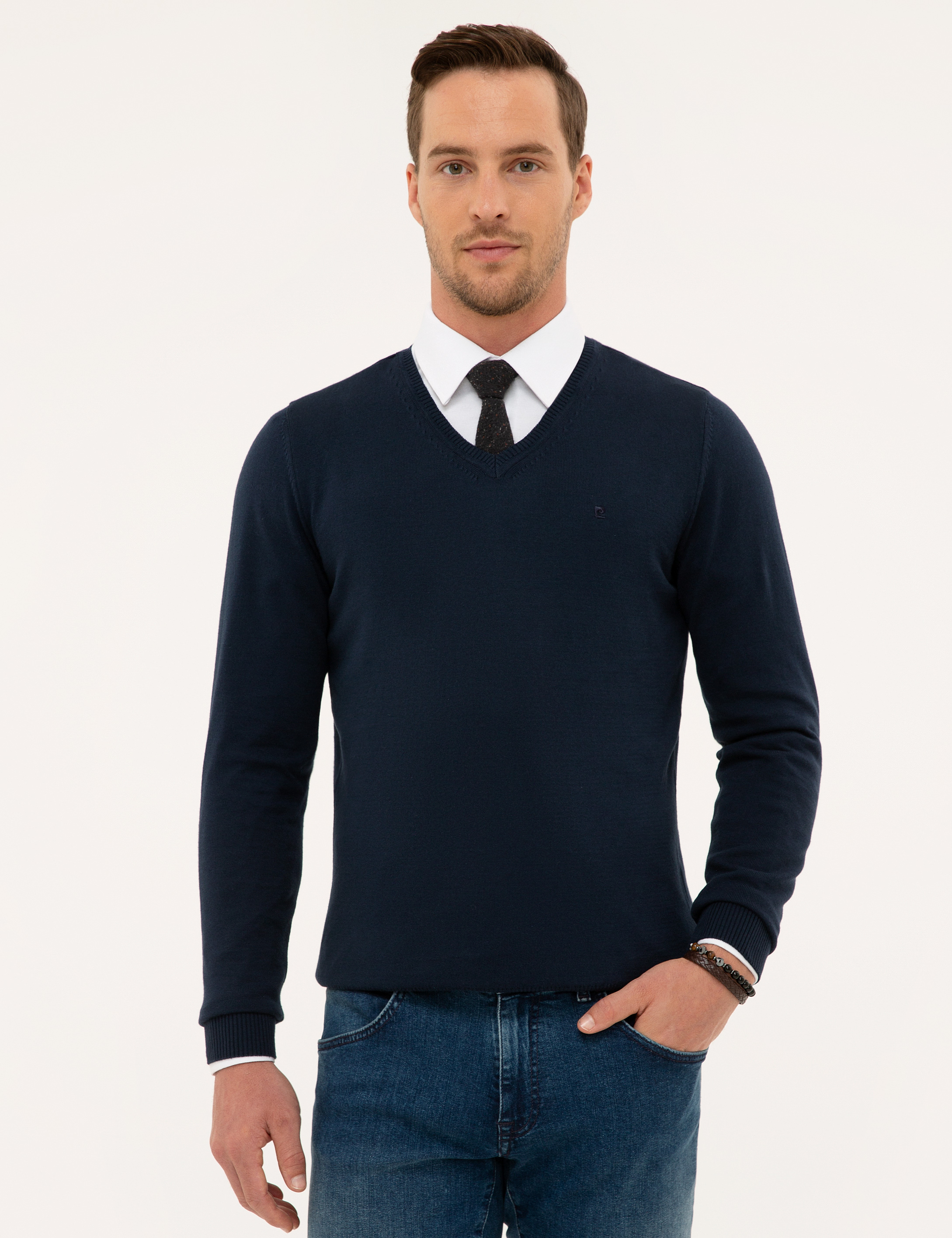 Lacivert Slim Fit V Yaka Basic Triko Kazak