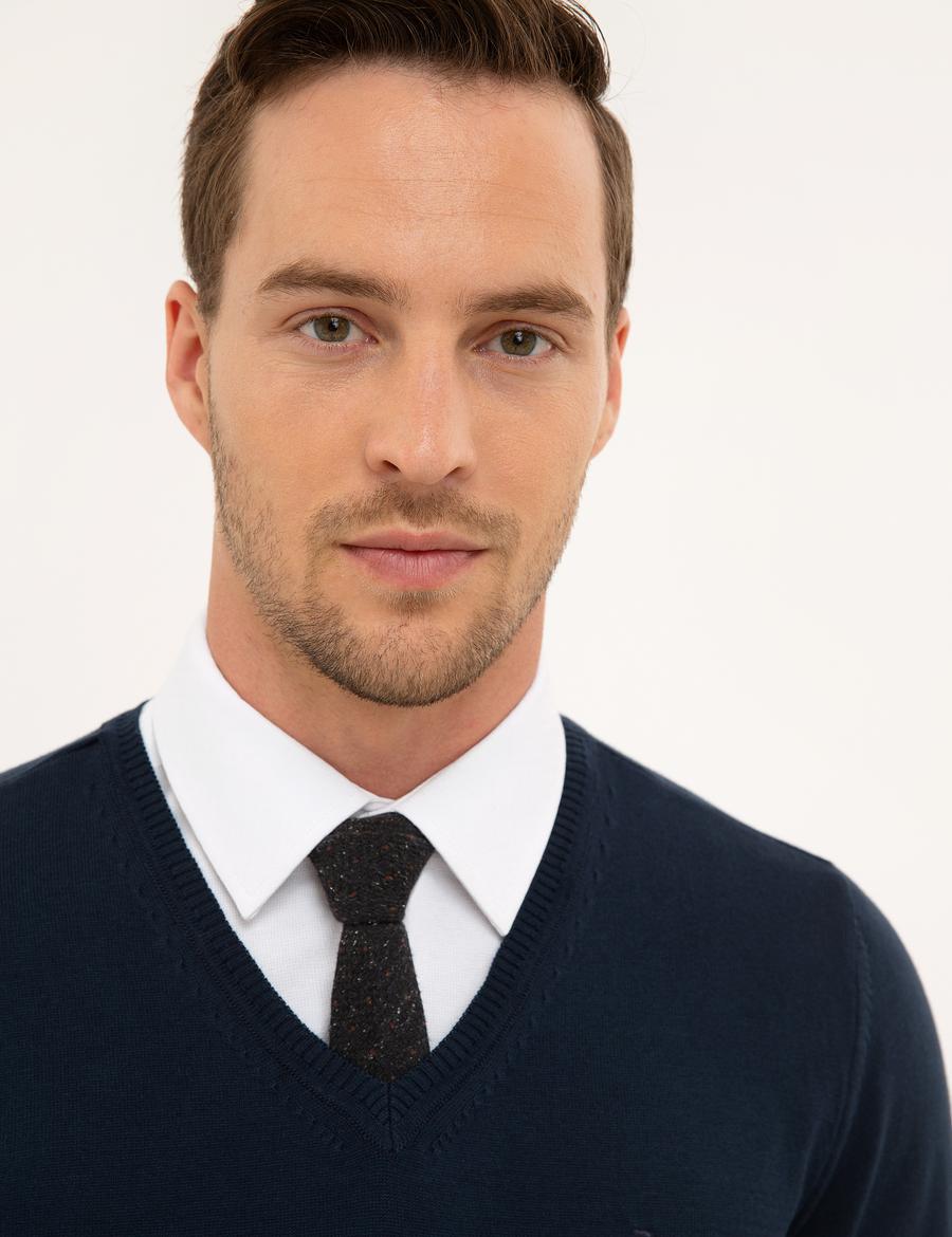 Lacivert Slim Fit V Yaka Basic Triko Kazak