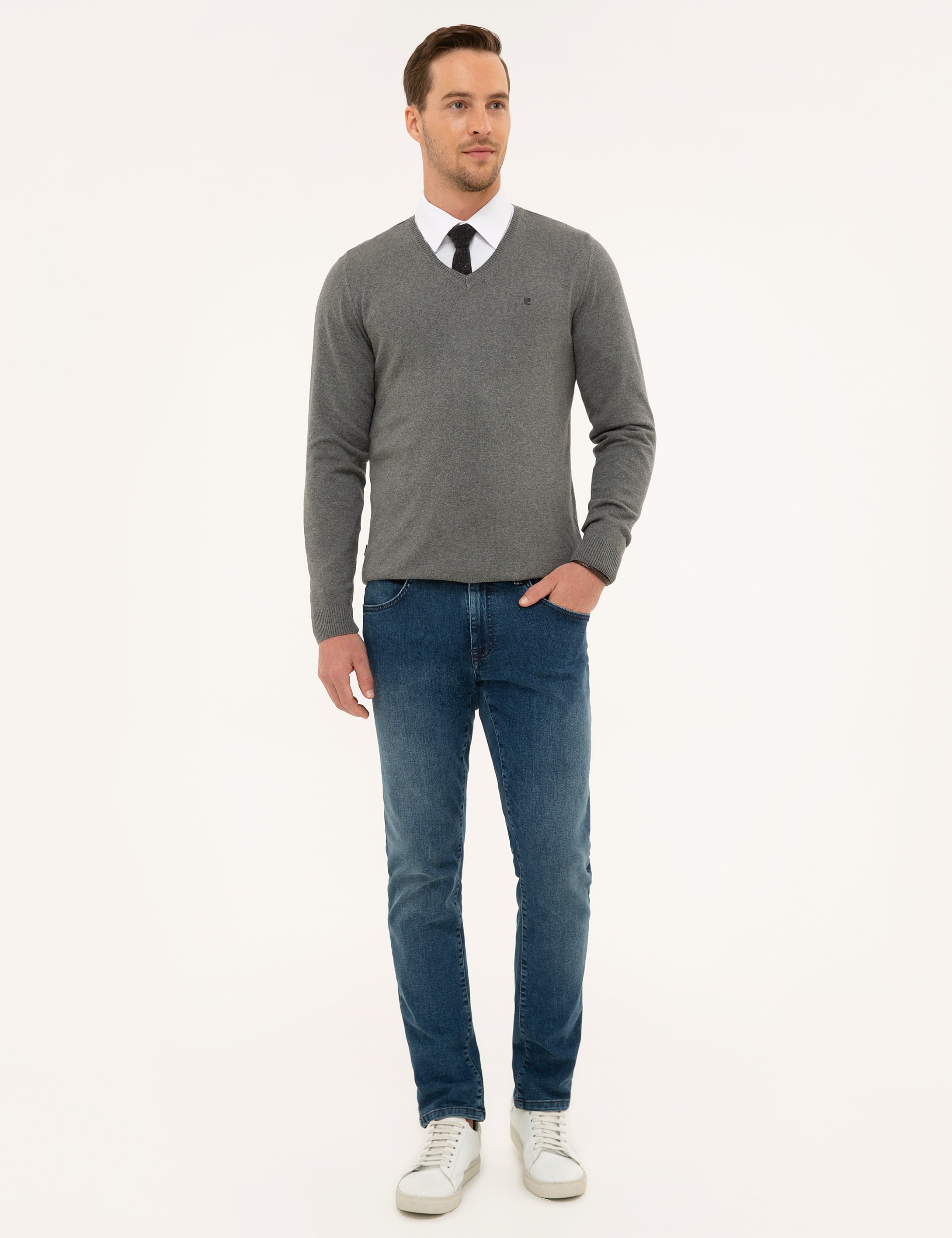 Gri Melanj Slim Fit V Yaka Basic Triko Kazak