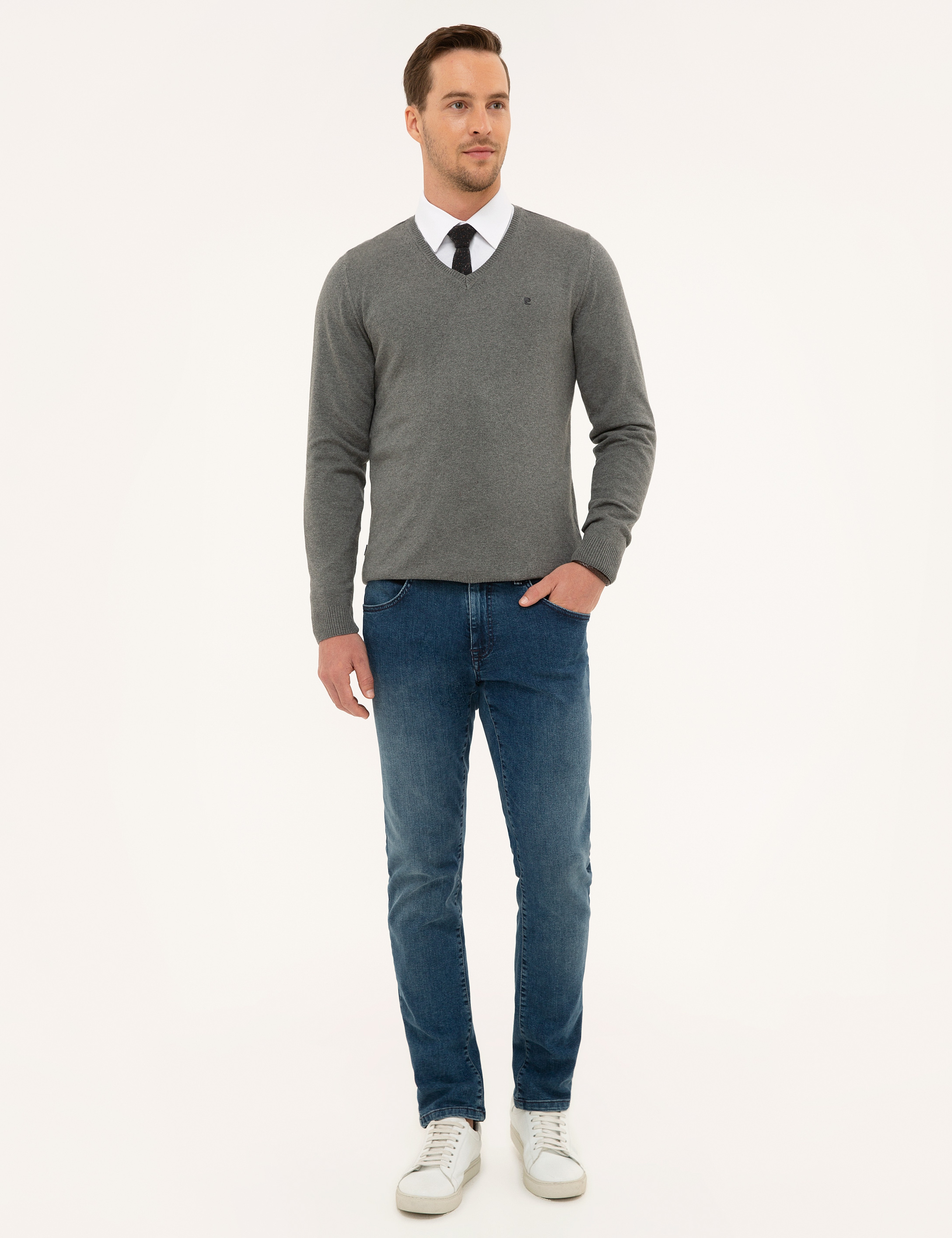 Gri Melanj Slim Fit V Yaka Basic Triko Kazak