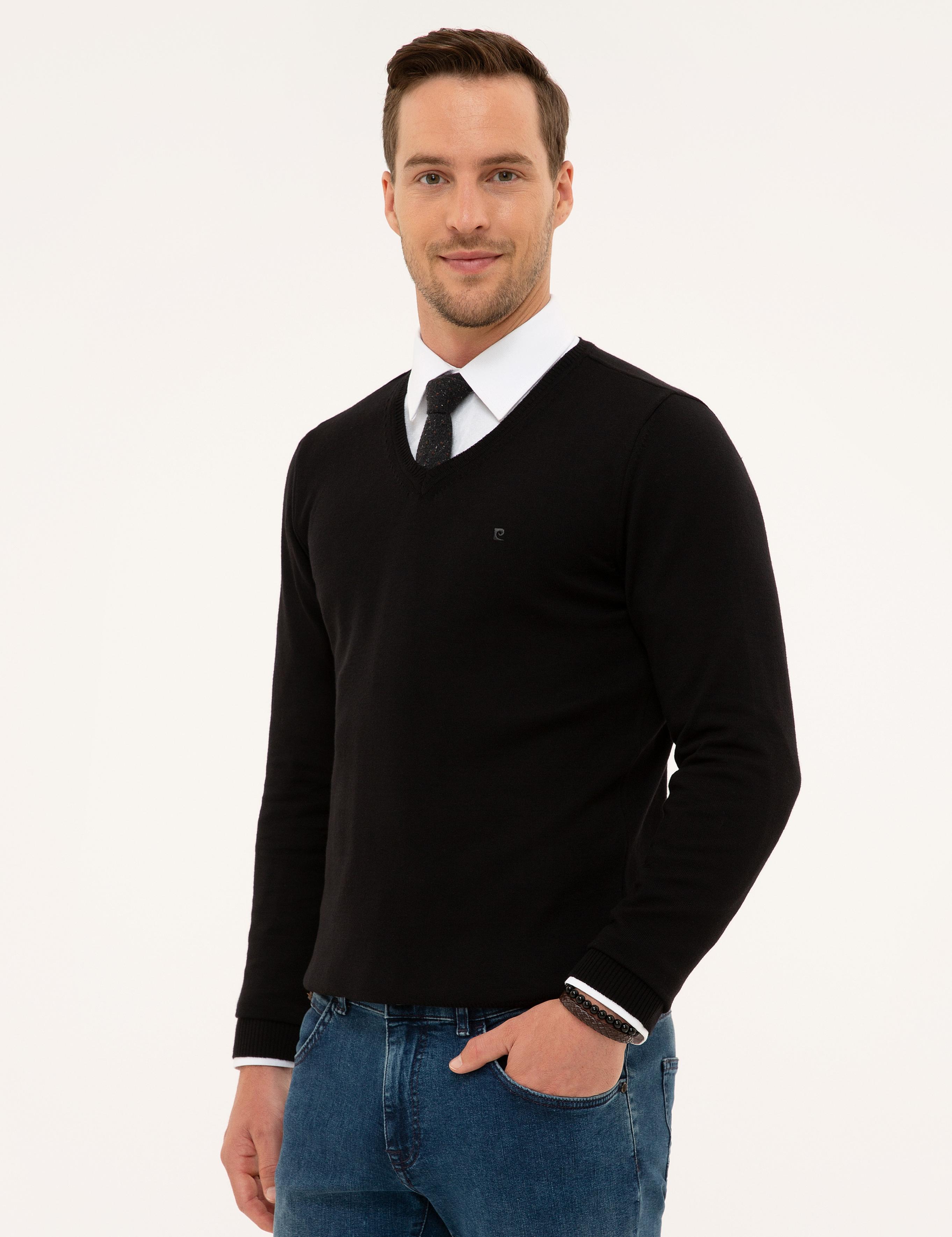 Siyah Slim Fit V Yaka Basic Triko Kazak