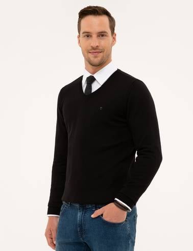 Siyah Slim Fit V Yaka Basic Triko Kazak
